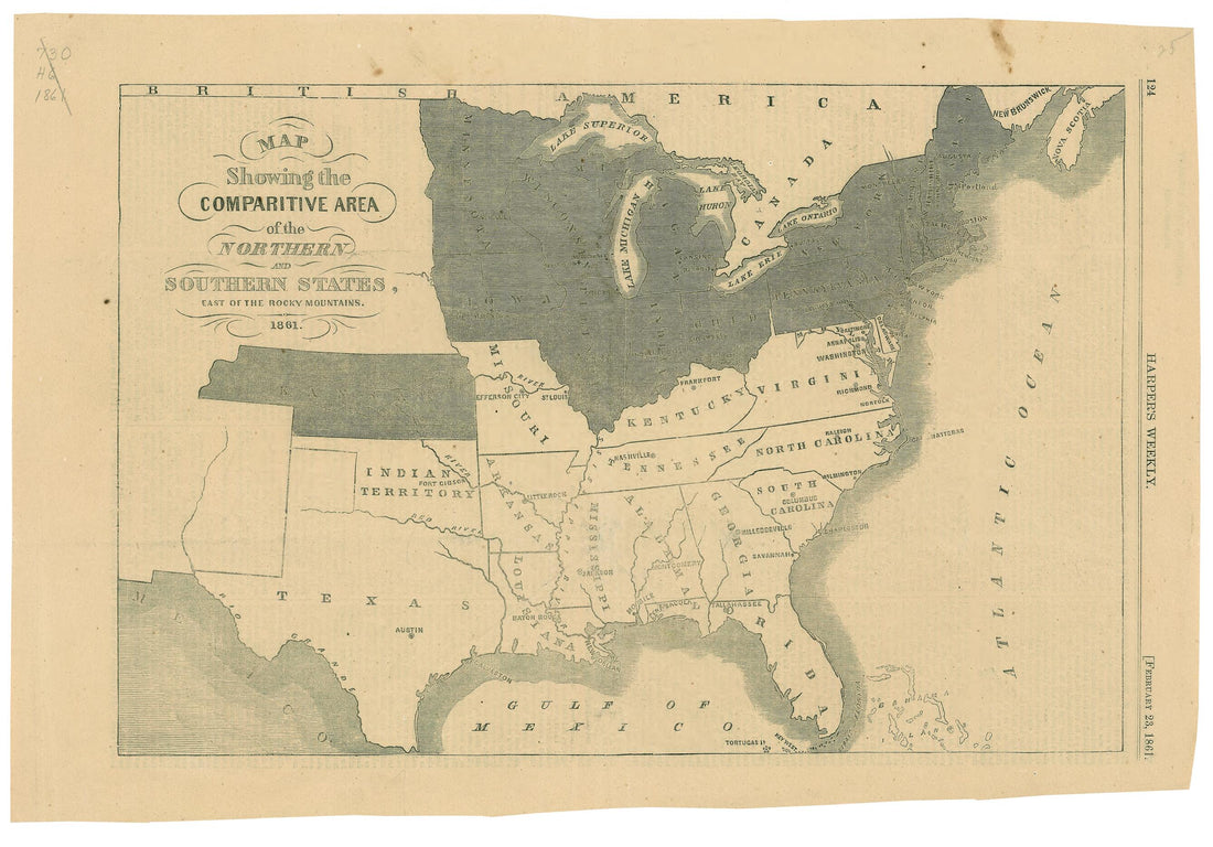 This old map of Map Showing the Comparative Area of the Northern and Southern States, East of the Rocky Mountains from 1861 was created by in 1861