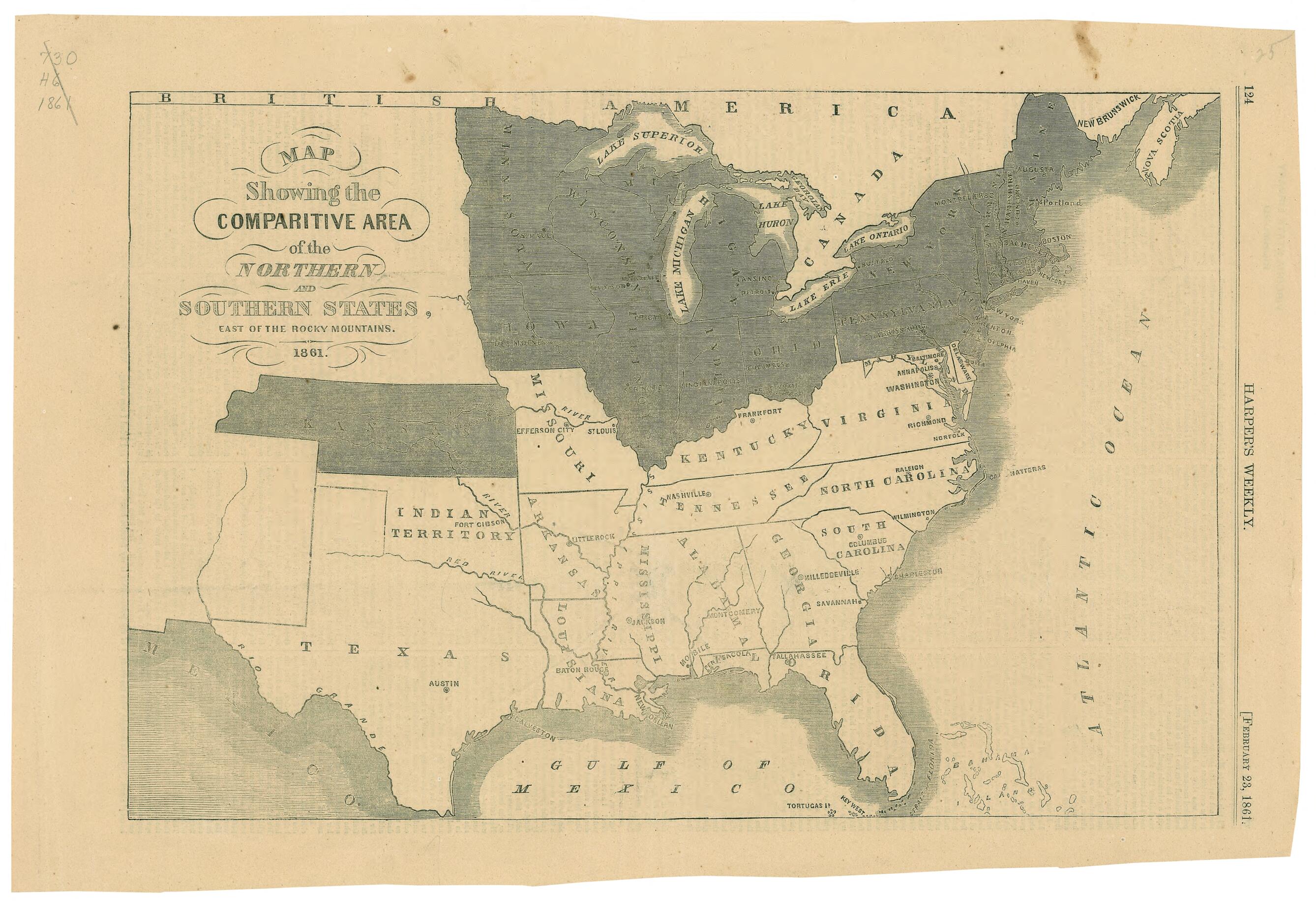 This old map of Map Showing the Comparative Area of the Northern and Southern States, East of the Rocky Mountains from 1861 was created by in 1861