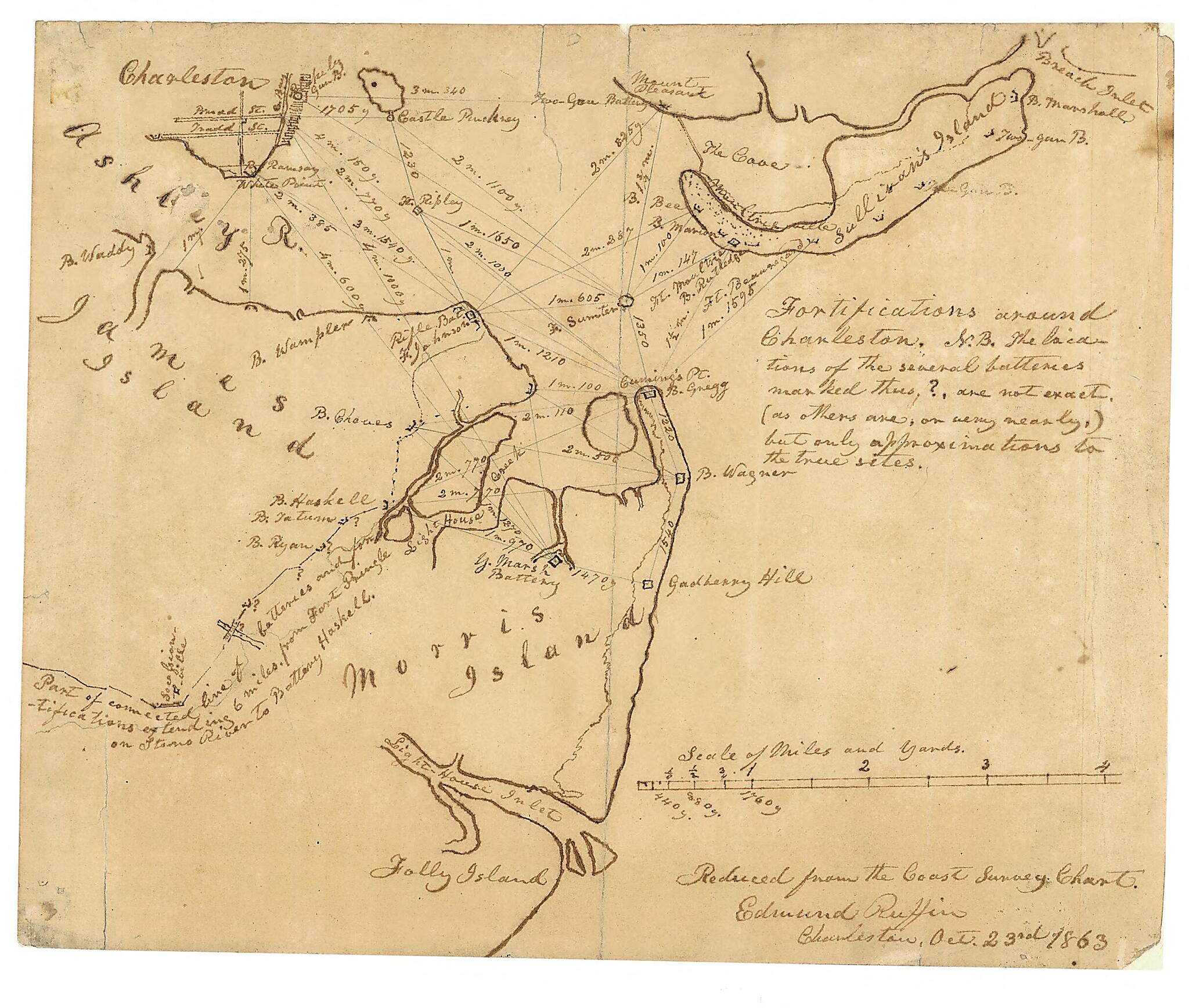 This old map of Fortifications Around Charleston, H.B. from 1863 was created by Edmund Ruffin in 1863