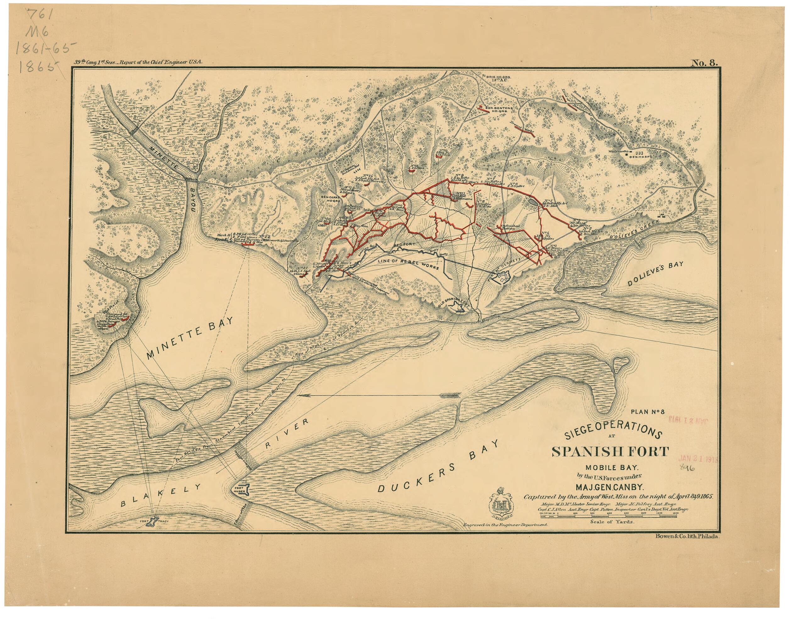 This old map of Siege Operations at Spanish Fort, Mobile Bay, by the U.S. Forces Under Maj. Gen. Canby : Captured by the Army of West Mississippi On the Night of April 8 & 9, 1865 (Plan No. 8) from 1866 was created by C. J. Allen, Miles D. McAlester, J.