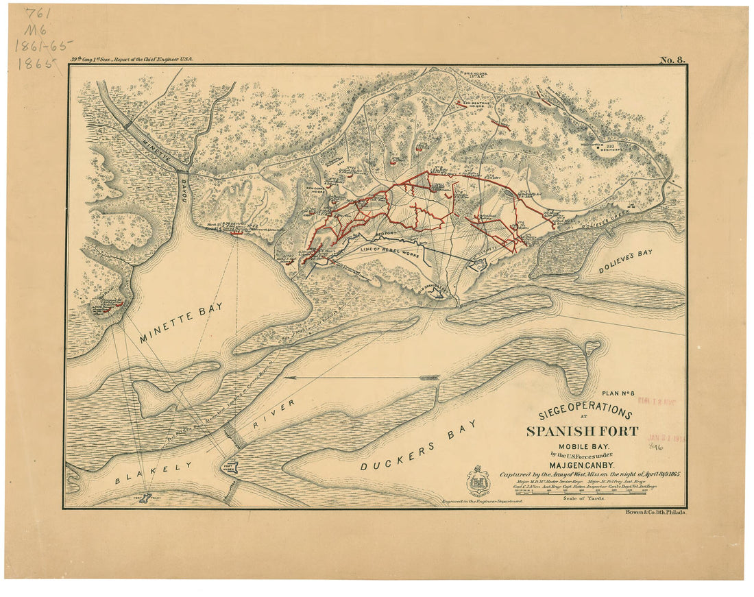This old map of Siege Operations at Spanish Fort, Mobile Bay, by the U.S. Forces Under Maj. Gen. Canby : Captured by the Army of West Mississippi On the Night of April 8 & 9, 1865 (Plan No. 8) from 1866 was created by C. J. Allen, Miles D. McAlester, J.