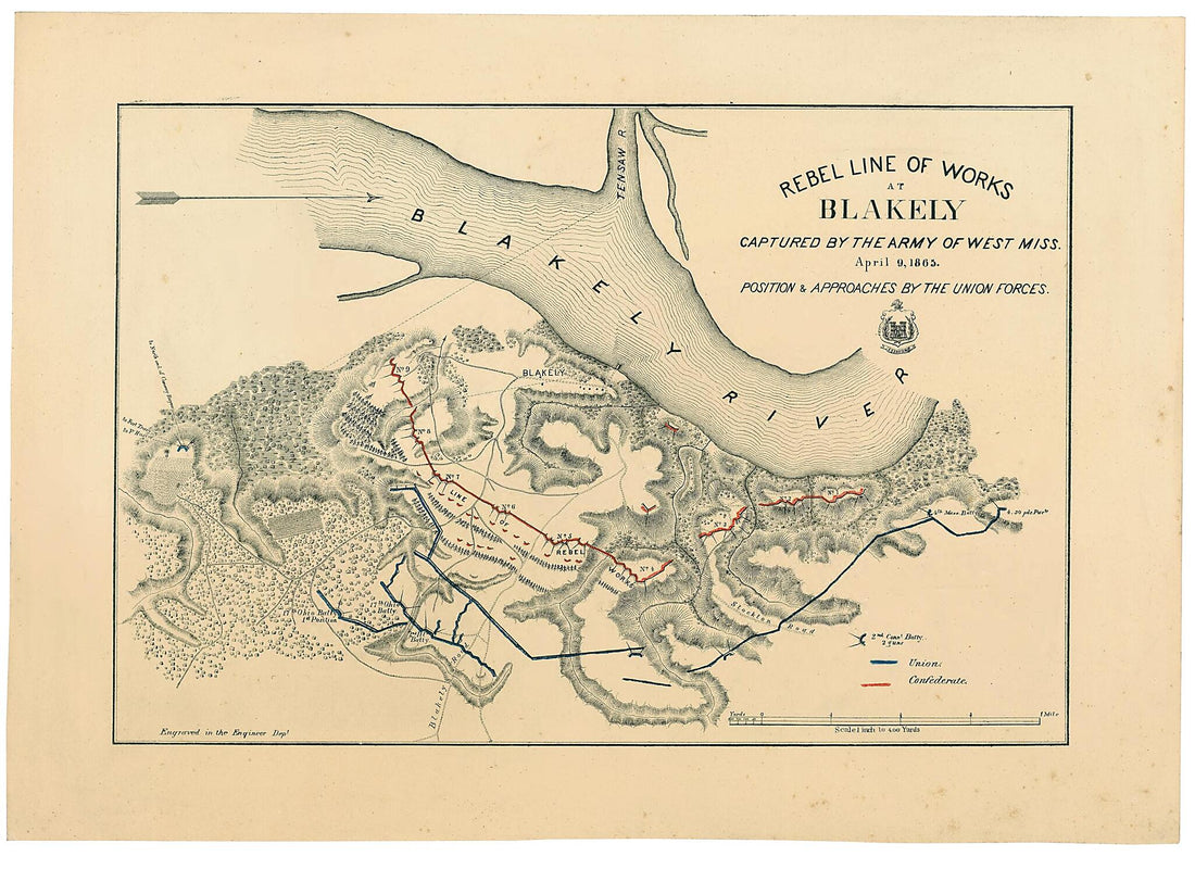 This old map of Rebel Line of Works at Blakely Captured by the Army of West Mississippi, April 9, from 1865 : Position & Approaches by the Union Forces was created by United States. Army. Corps of Engineers in 1865