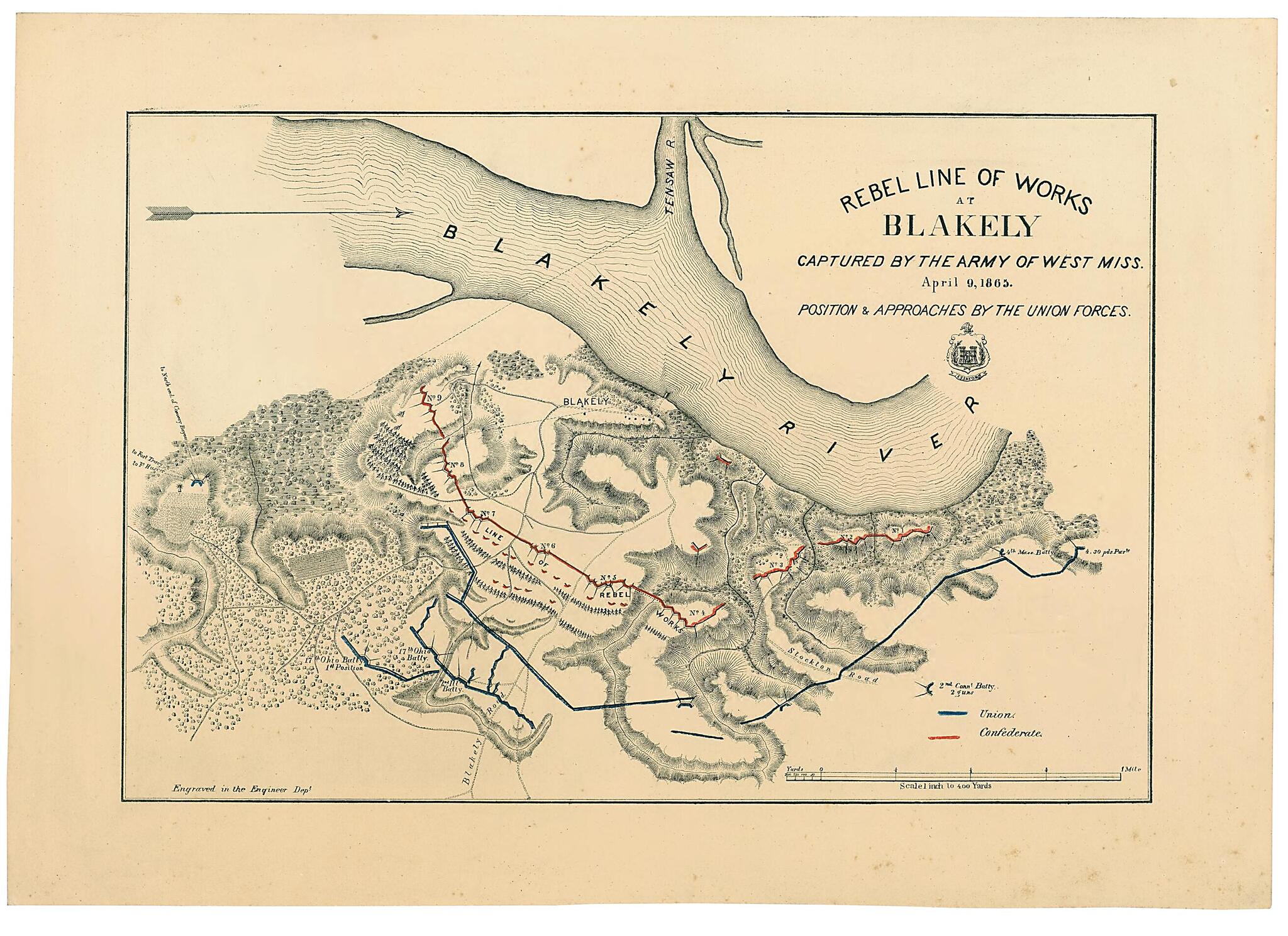 This old map of Rebel Line of Works at Blakely Captured by the Army of West Mississippi, April 9, from 1865 : Position & Approaches by the Union Forces was created by United States. Army. Corps of Engineers in 1865
