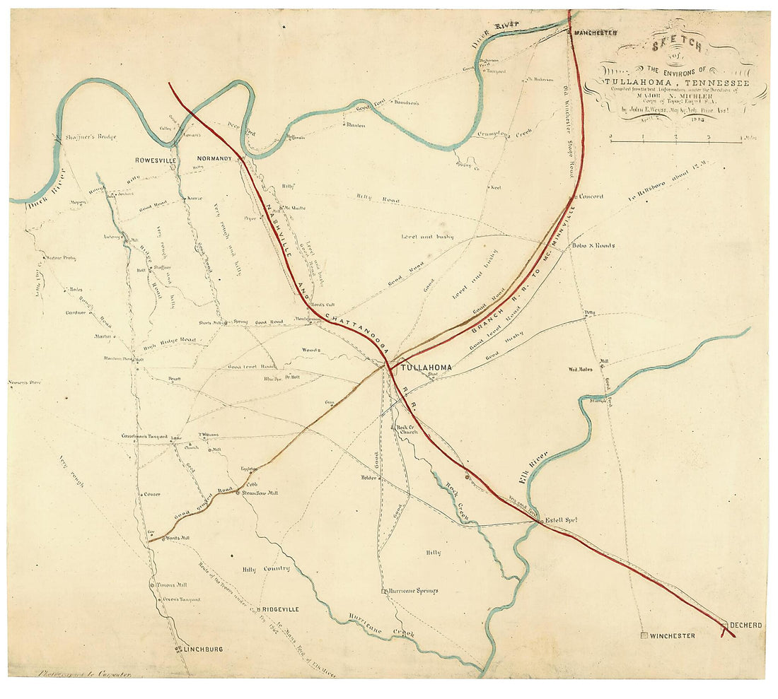 This old map of Sketch of the Environs of Tullahoma, Tennessee from 1865 was created by N. (Nathaniel) Michler, United States. Army. Corps of Engineers, J. E. Weyss in 1865