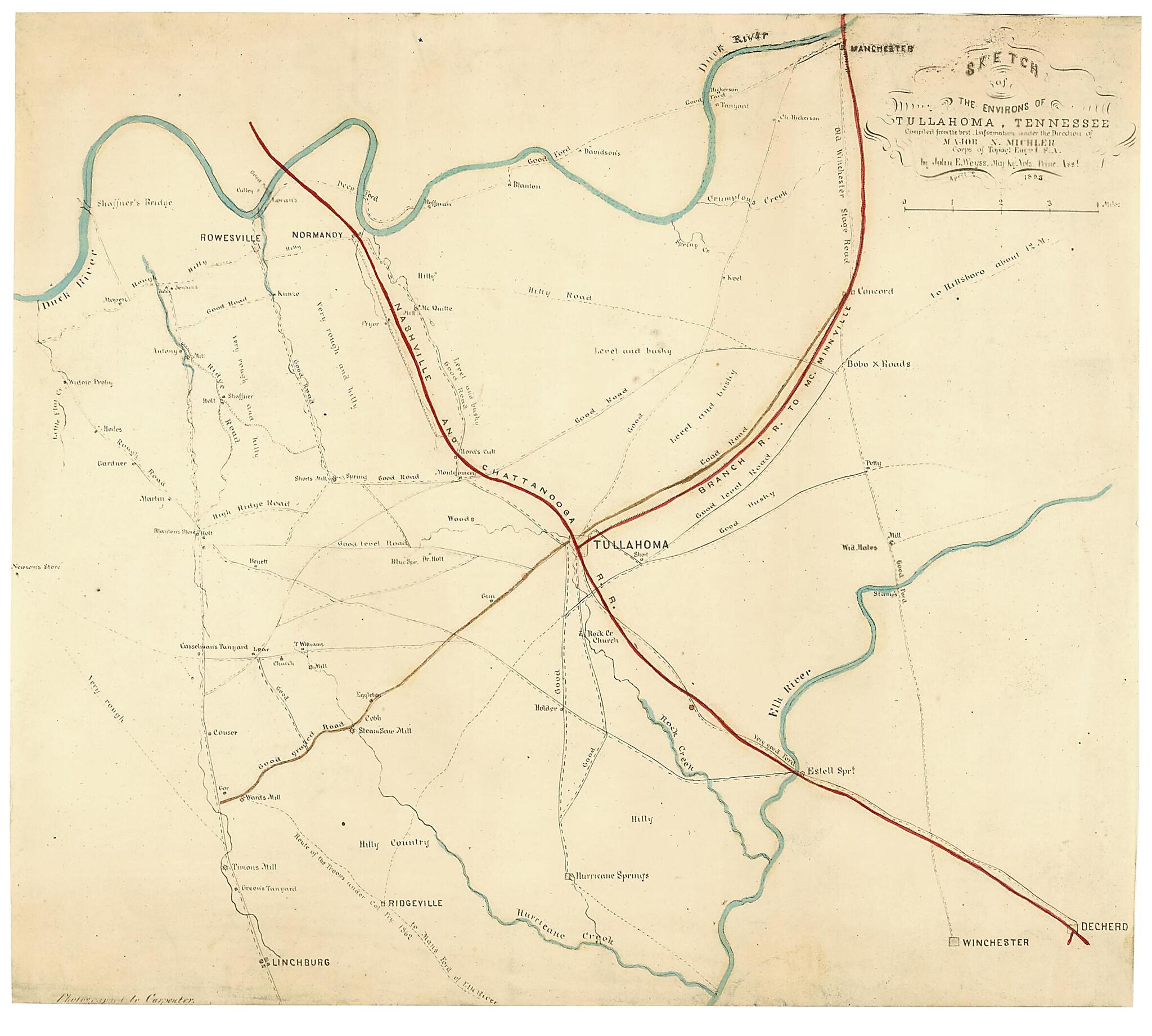 This old map of Sketch of the Environs of Tullahoma, Tennessee from 1865 was created by N. (Nathaniel) Michler, United States. Army. Corps of Engineers, J. E. Weyss in 1865
