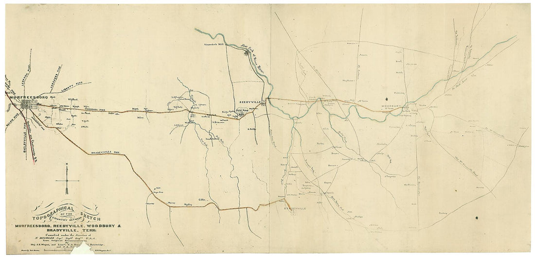 This old map of Topographical Sketch of the Country Between Murfreesboro, Reedyville, Woodbury & Bradyville, Tennessee from 1861 was created by Paul Kuntze, N. (Nathaniel) Michler, United States. Army. Corps of Engineers in 1861