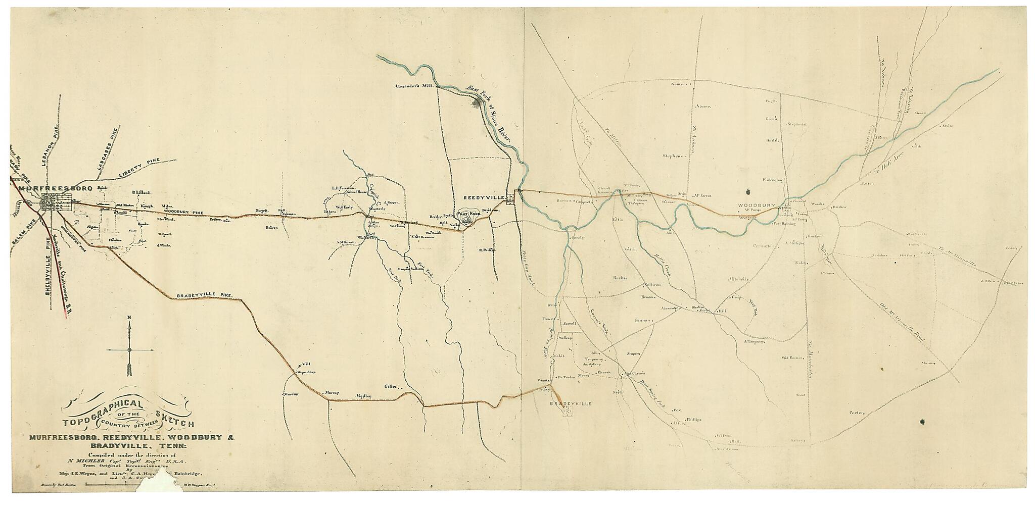 This old map of Topographical Sketch of the Country Between Murfreesboro, Reedyville, Woodbury & Bradyville, Tennessee from 1861 was created by Paul Kuntze, N. (Nathaniel) Michler, United States. Army. Corps of Engineers in 1861