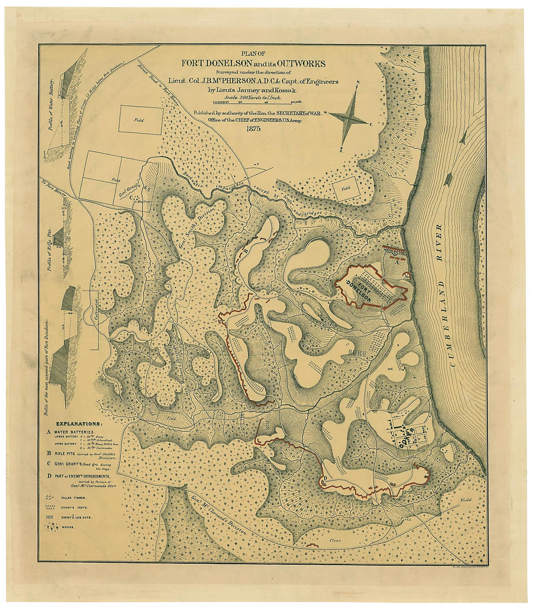 This old map of Plan of Fort Donelson and Its Outworks from 1875 was created by Janney, William Kossak, James Birdseye McPherson, United States. Army. Corps of Engineers in 1875