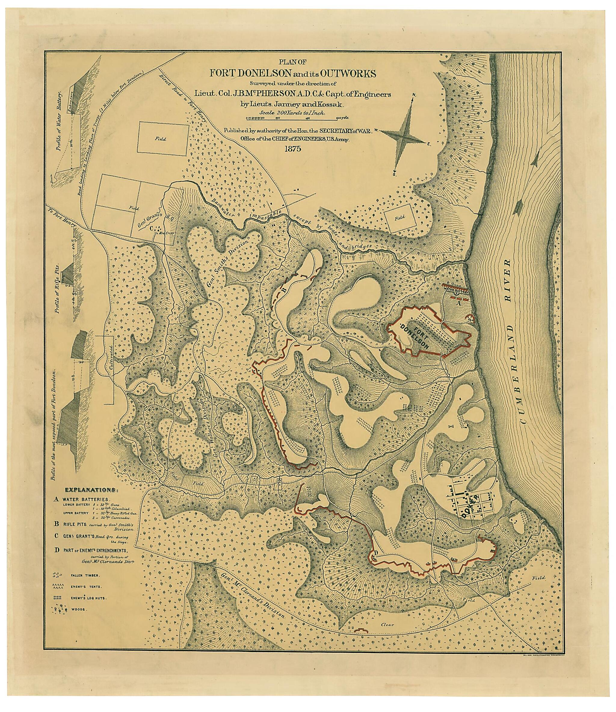 This old map of Plan of Fort Donelson and Its Outworks from 1875 was created by Janney, William Kossak, James Birdseye McPherson, United States. Army. Corps of Engineers in 1875