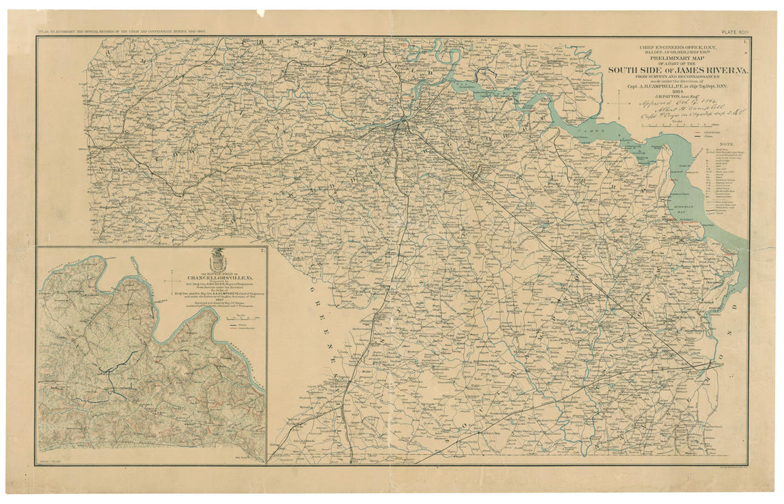 This old map of Preliminary Map of a Part of the South Side of James River, Va. : from Surveys and Reconnaissances from 1891 was created by Julius Bien, Albert H. (Albert Henry) Campbell, Confederate States of America. Army of Northern Virginia. Enginee