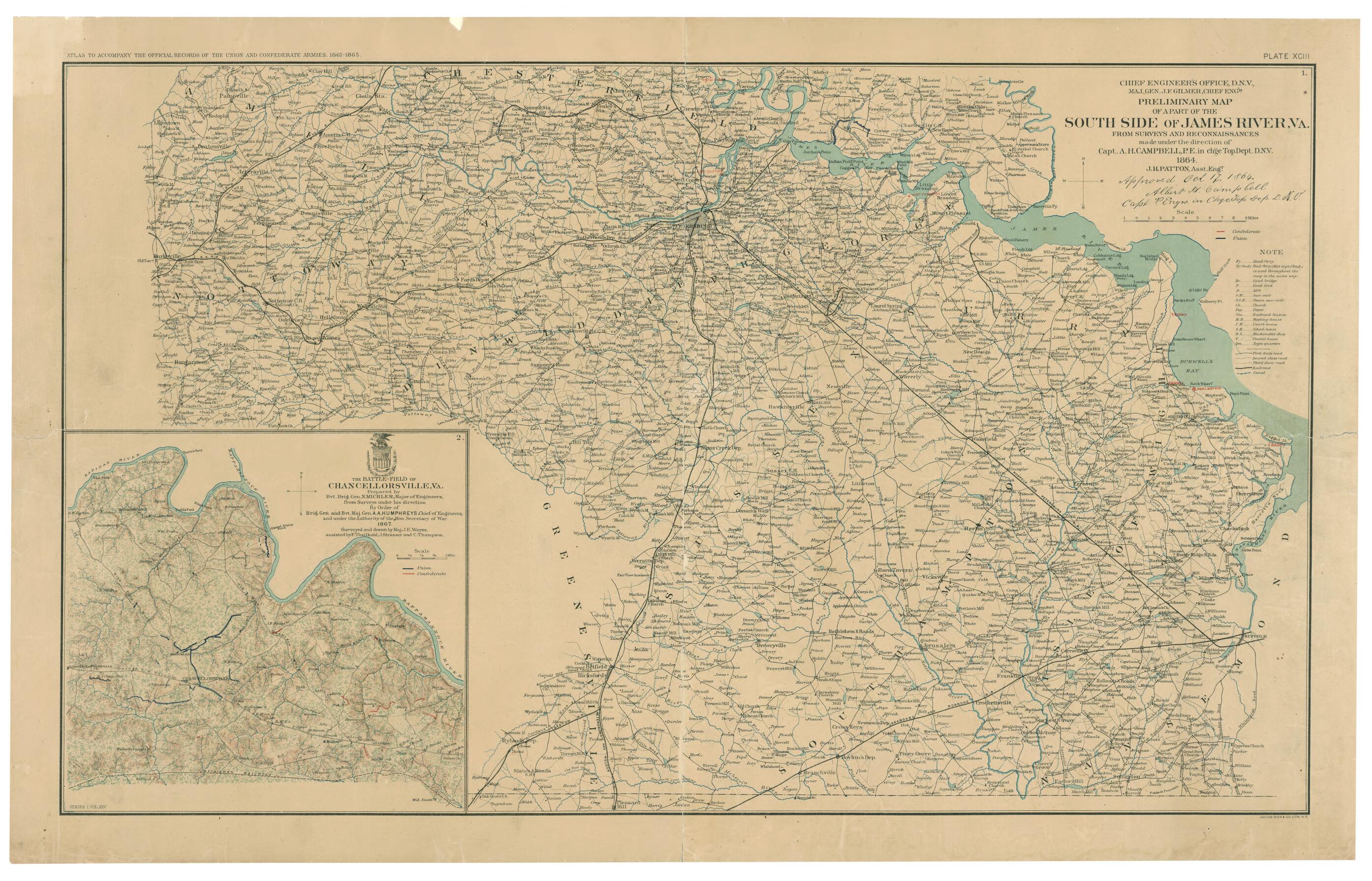 This old map of Preliminary Map of a Part of the South Side of James River, Va. : from Surveys and Reconnaissances from 1891 was created by Julius Bien, Albert H. (Albert Henry) Campbell, Confederate States of America. Army of Northern Virginia. Enginee