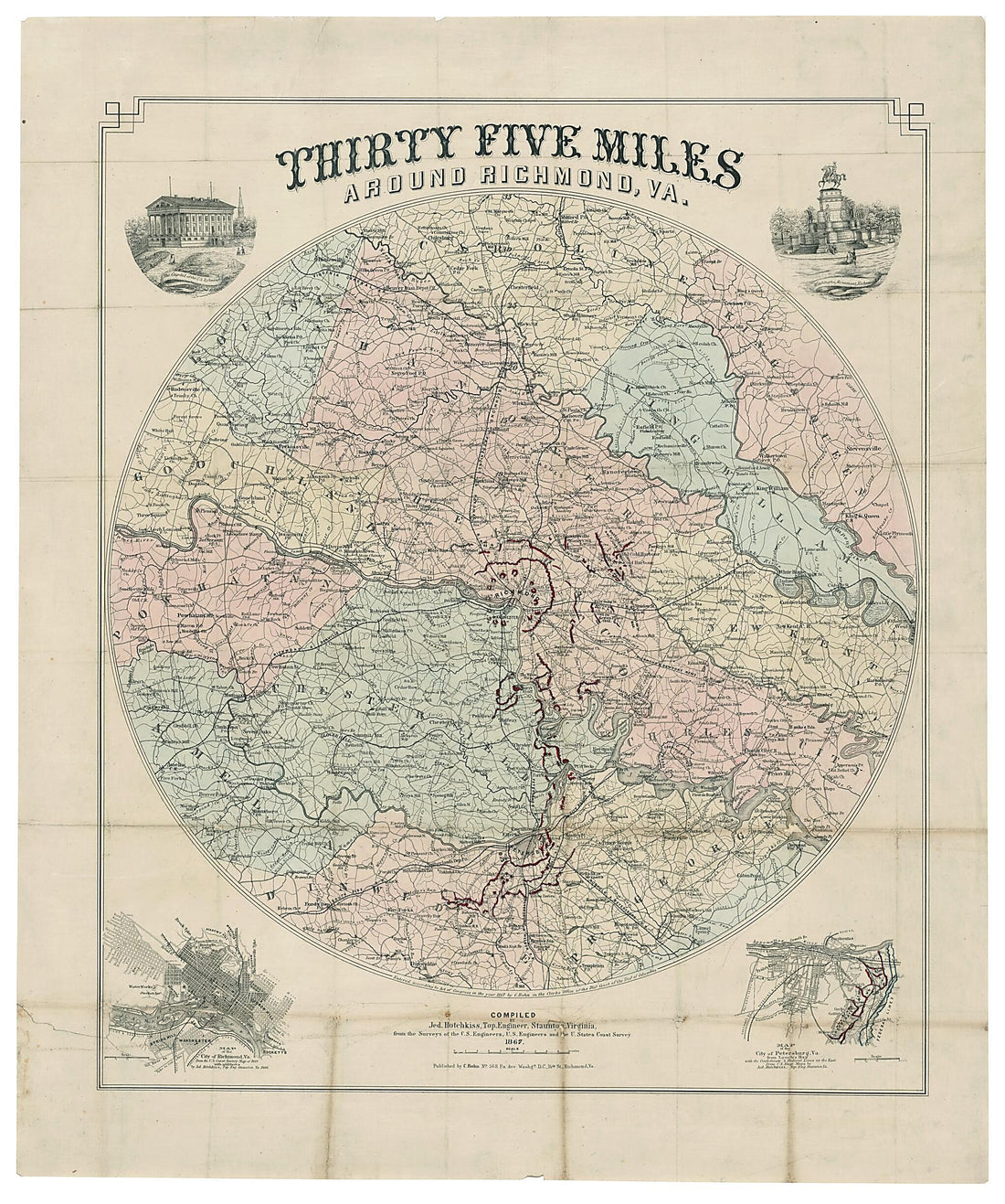 This old map of Thirty Five Miles Around Richmond, Va from 1867 was created by Jedediah Hotchkiss in 1867