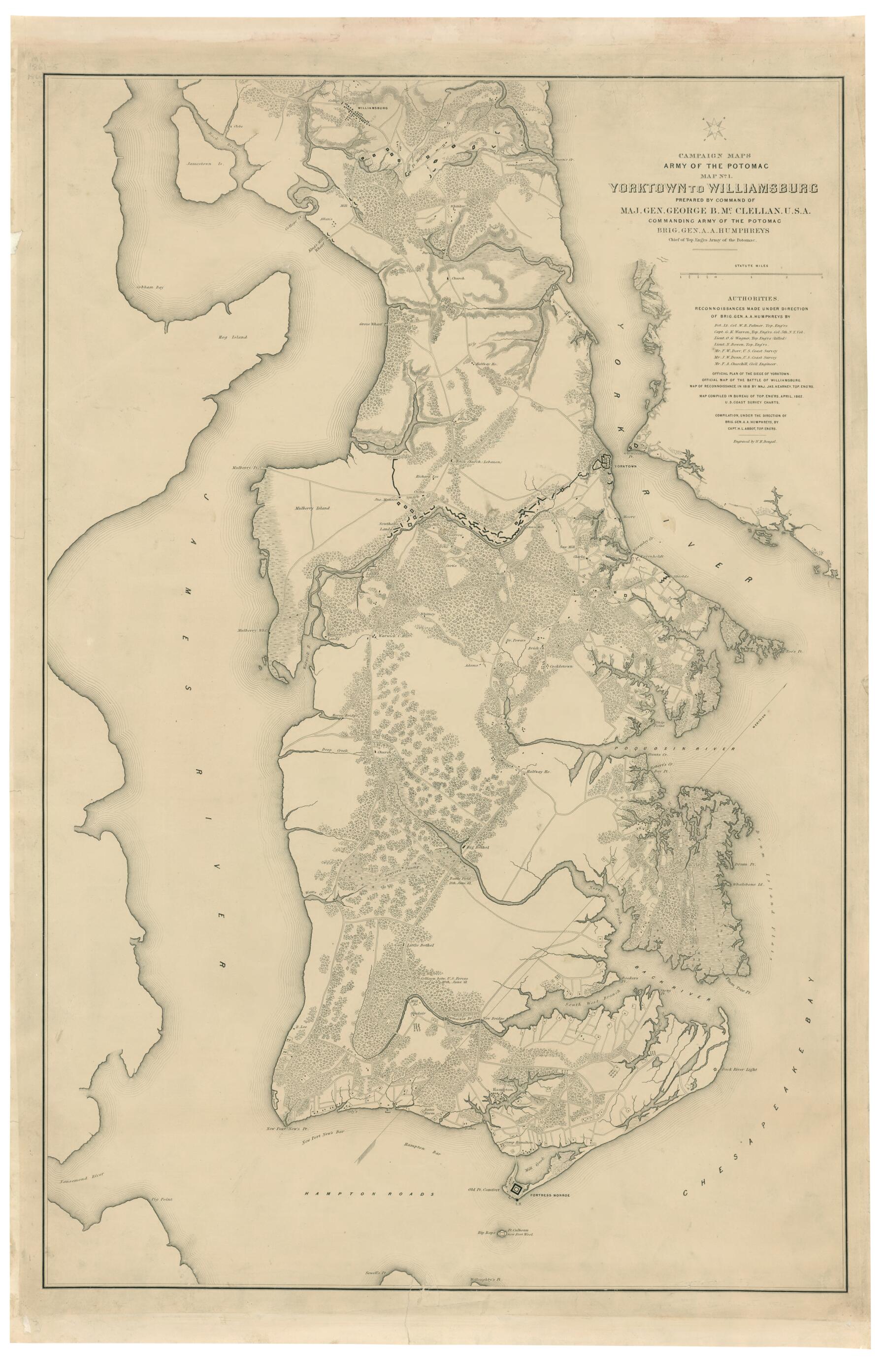 This old map of Yorktown to Williamsburg (Campaign Map, Army of the Potomac, Map No. 1) from 1862 was created by Henry L. Abbot, William H. Dougal, United States. Army of the Potomac. Engineer Dept in 1862