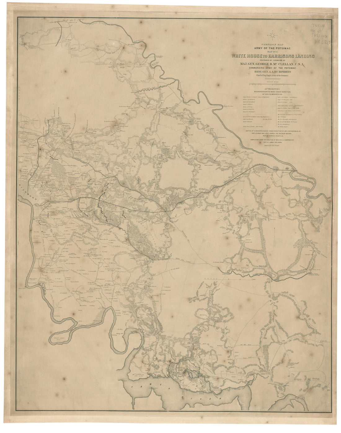 This old map of White House to Harrisons Landing (Campaign Map, Army of the Potomac, Map No 3) from 1862 was created by Henry L. Abbot, William H. Dougal, United States. Army of the Potomac. Engineer Dept in 1862