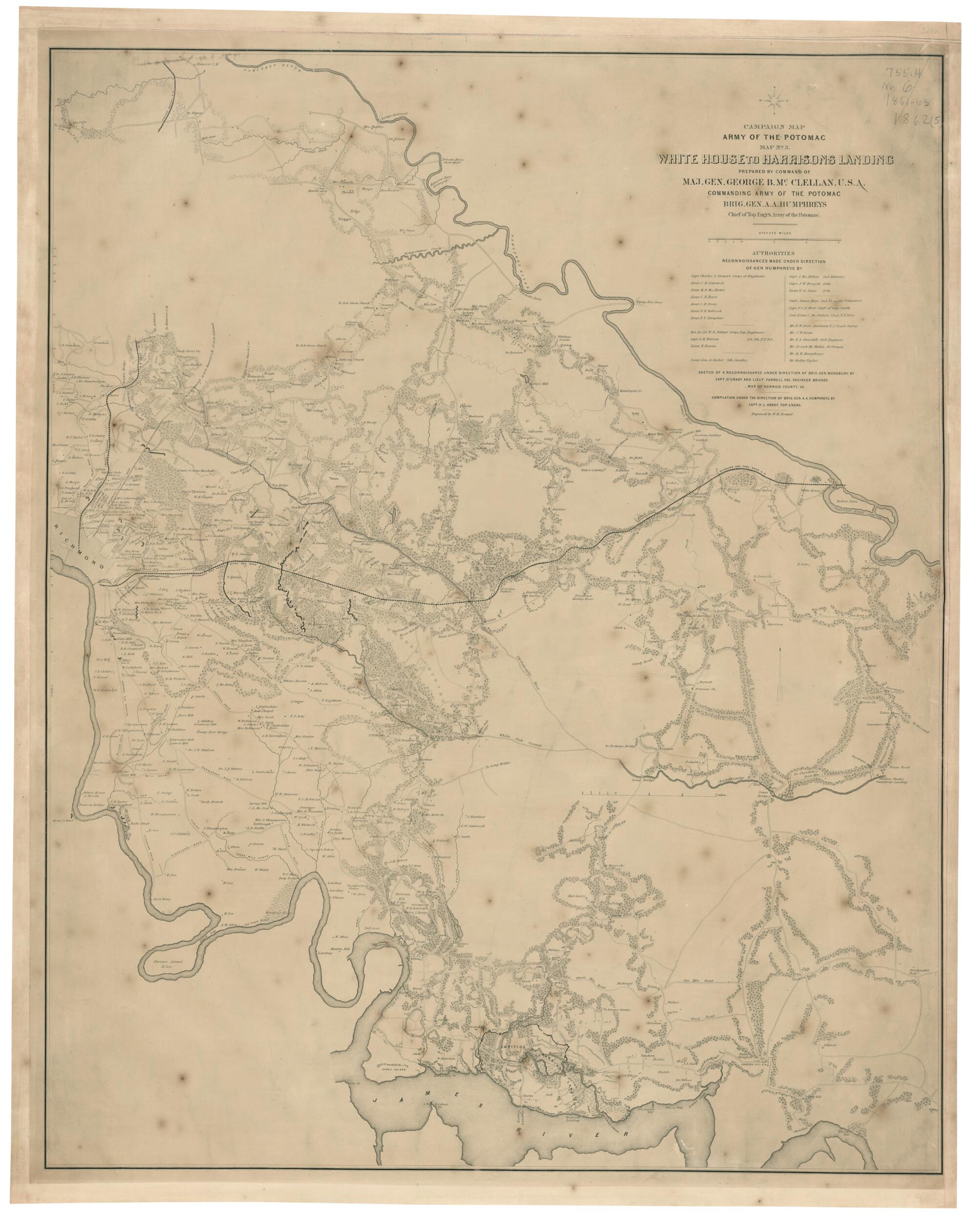 This old map of White House to Harrisons Landing (Campaign Map, Army of the Potomac, Map No 3) from 1862 was created by Henry L. Abbot, William H. Dougal, United States. Army of the Potomac. Engineer Dept in 1862