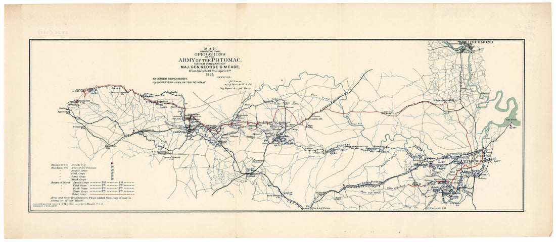This old map of Map Showing the Operations of the Army of the Potomac Under Command of Maj. Gen. George G. Meade : from March 29th to April 9th from 1865 was created by James C. Duane, United States. Army of the Potomac. Engineer Dept in 1865