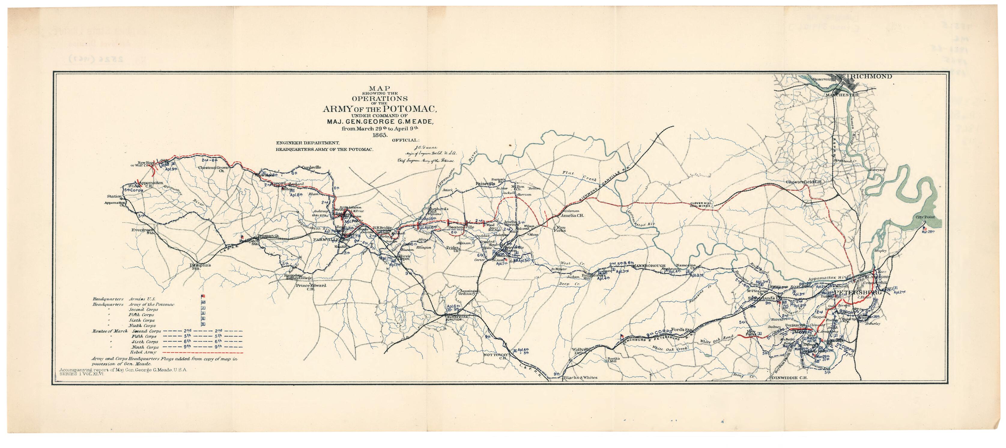 This old map of Map Showing the Operations of the Army of the Potomac Under Command of Maj. Gen. George G. Meade : from March 29th to April 9th from 1865 was created by James C. Duane, United States. Army of the Potomac. Engineer Dept in 1865