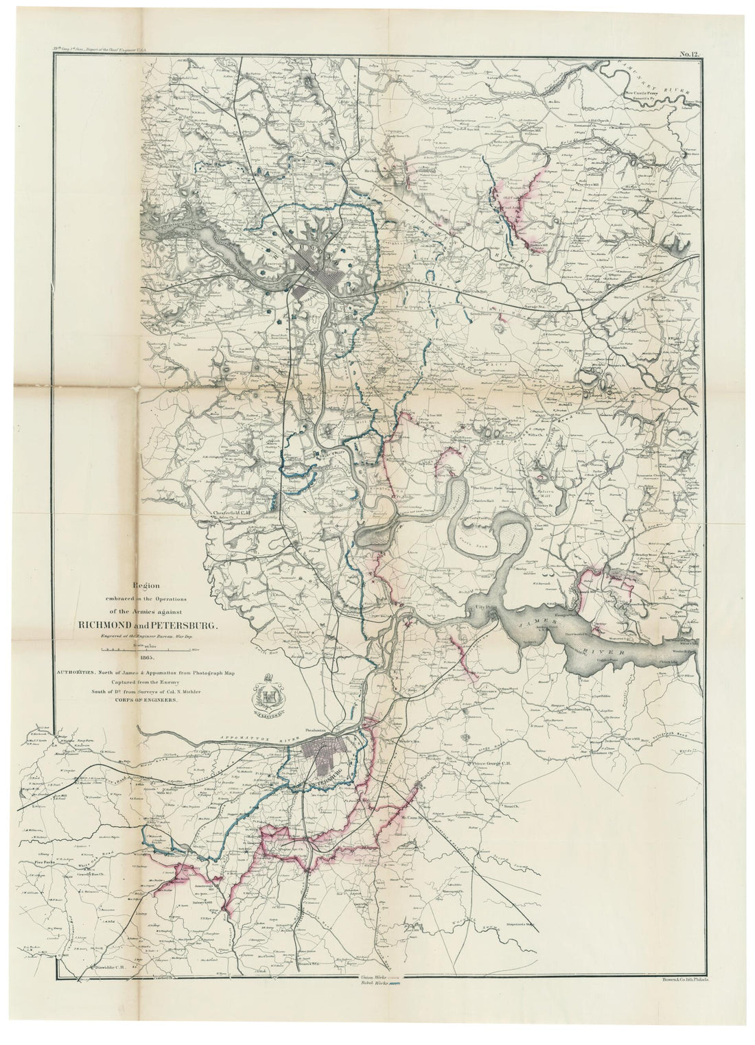 This old map of Region Embraced In the Operations of the Armies Against Richmond and Petersburg from 1865 was created by Bowen & Co., N. (Nathaniel) Michler, United States. Army. Corps of Engineers, United States. War Dept. Engineer Bureau in 1865