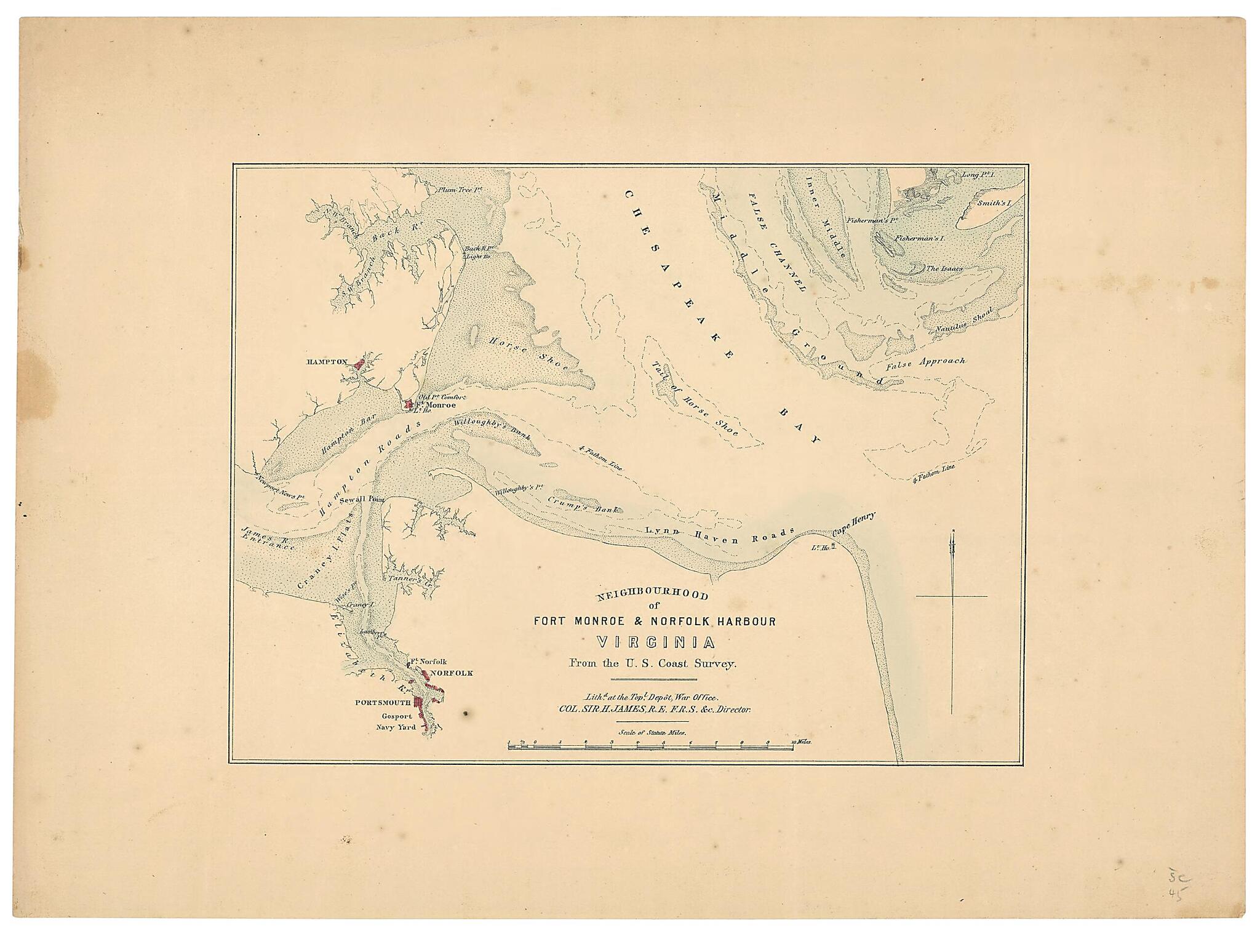 This old map of Neighborhood of Fort Monroe & Norfolk Harbour Virginia : from the U.S. Coast Survey from 1862 was created by Great Britain. War Office. Topographical Depot, H. James in 1862
