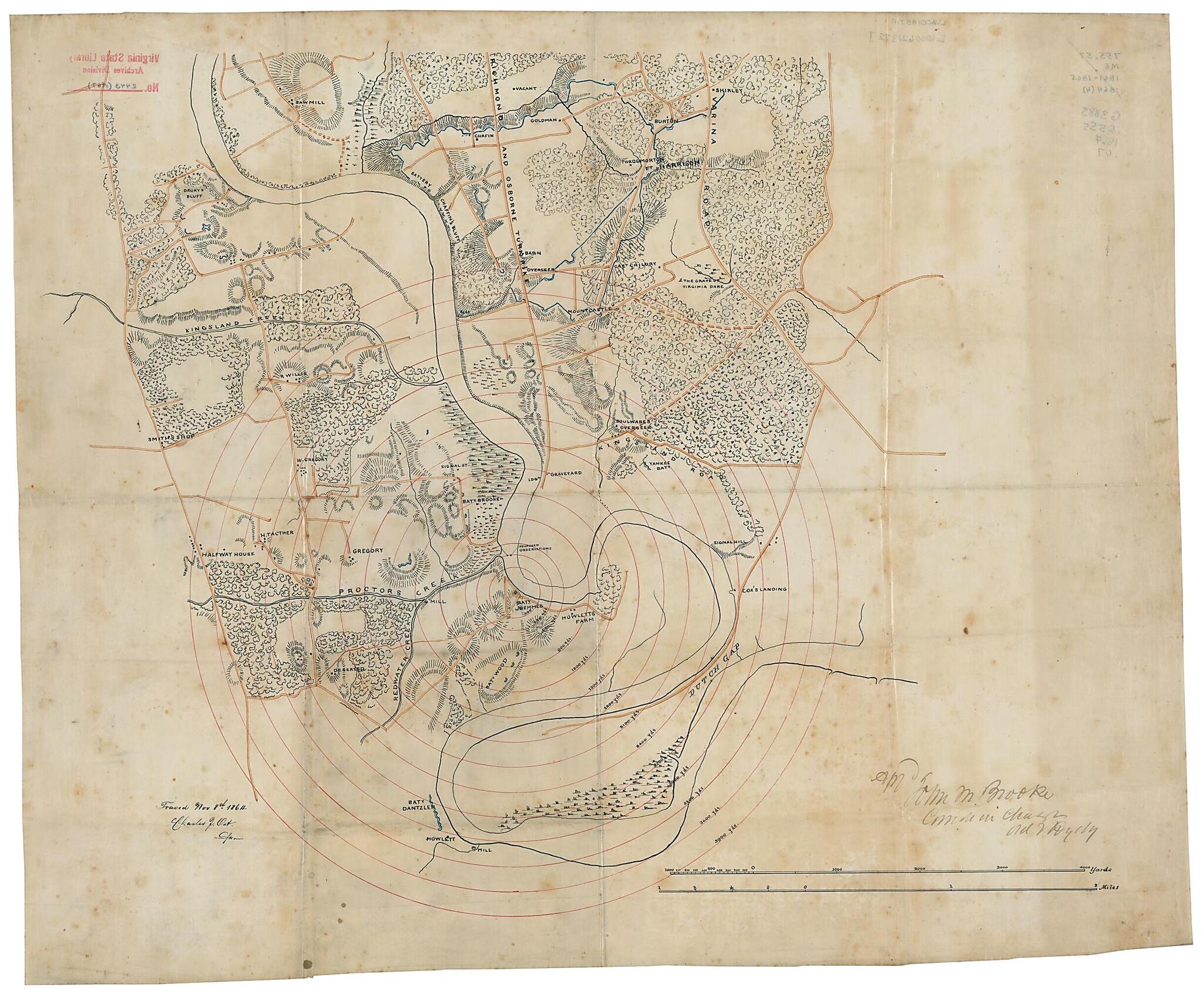This old map of Semmes Battery and Vicinity, Chesterfield County, Virginia, from 1864 was created by John M. (John Mercer) Brooke, Confederate States of America. Navy Dept. Office of Ordnance and Hydrography, Charles J. Ost in 1864