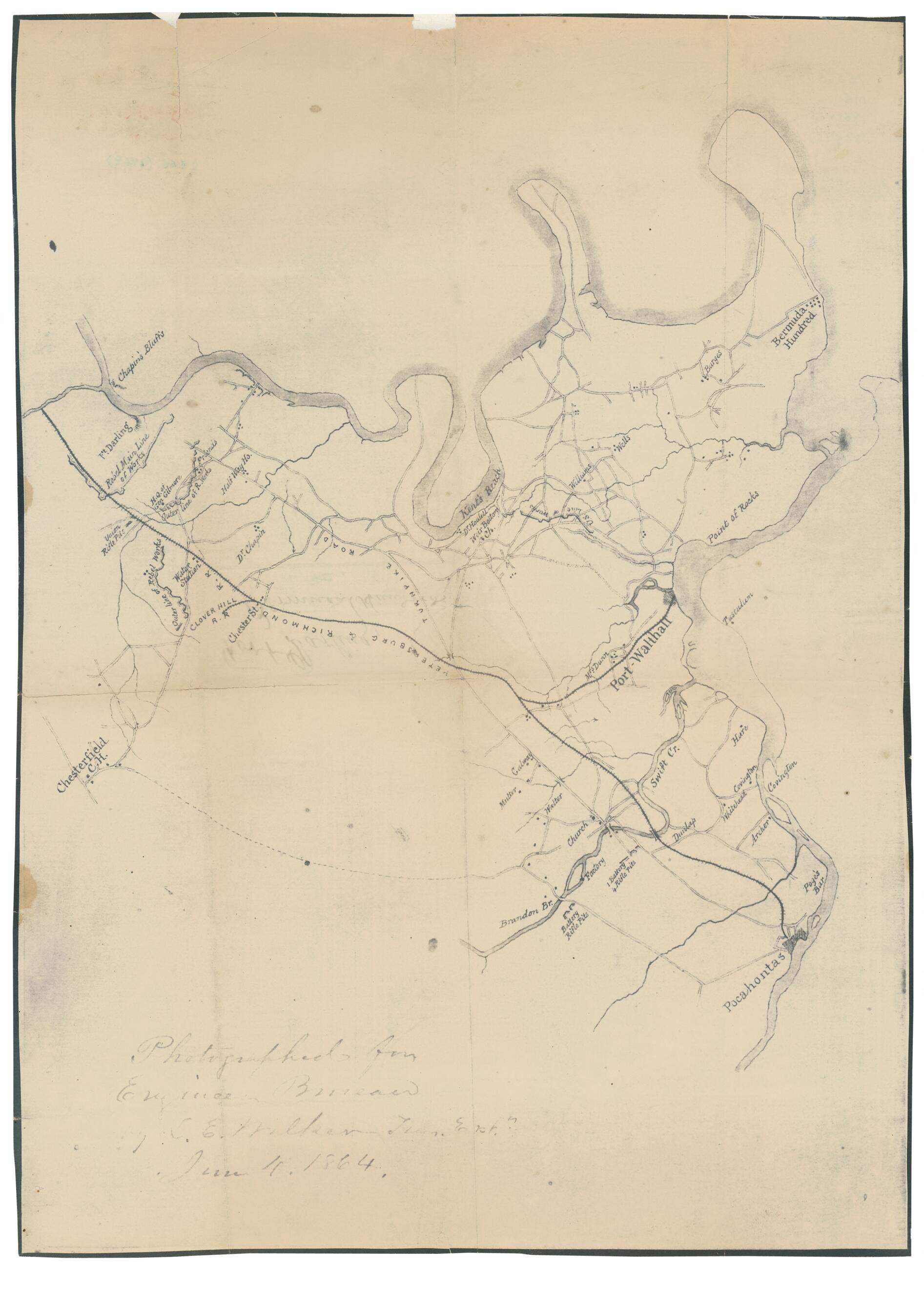 This old map of Eastern Part of Chesterfield County, Virginia (Fort Darling, Bermuda Hundred, &c.) from 1864 was created by United States. War Dept. Engineer Bureau, L. E. Walker in 1864