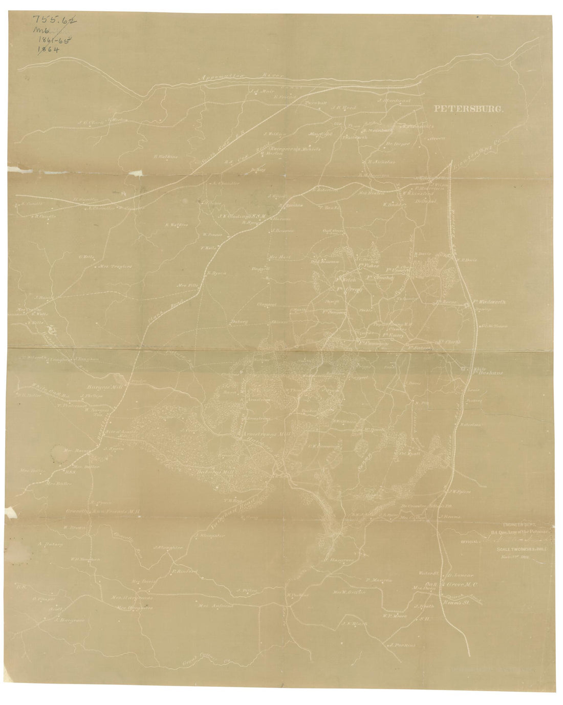 This old map of Map of Dinwiddie and Parts of Prince George and Sussex Counties, Virginia (Dinwiddie Co. and Petersburg) from 1864 was created by N. (Nathaniel) Michler, United States. Army of the Potomac. Engineer Dept in 1864