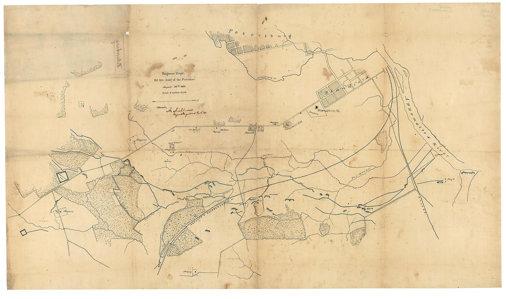 This old map of Vicinity of Petersburg (Petersburg) from 1864 was created by N. (Nathaniel) Michler, United States. Army of the Potomac. Engineer Dept in 1864