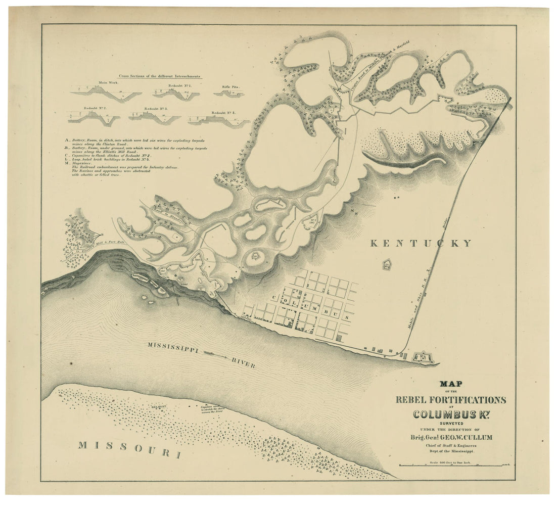 This old map of Map of the Rebel Fortifications at Columbus, Ky from 1862 was created by George W. (George Washington) Cullum, United States. Army. Dept. Of the Mississippi in 1862