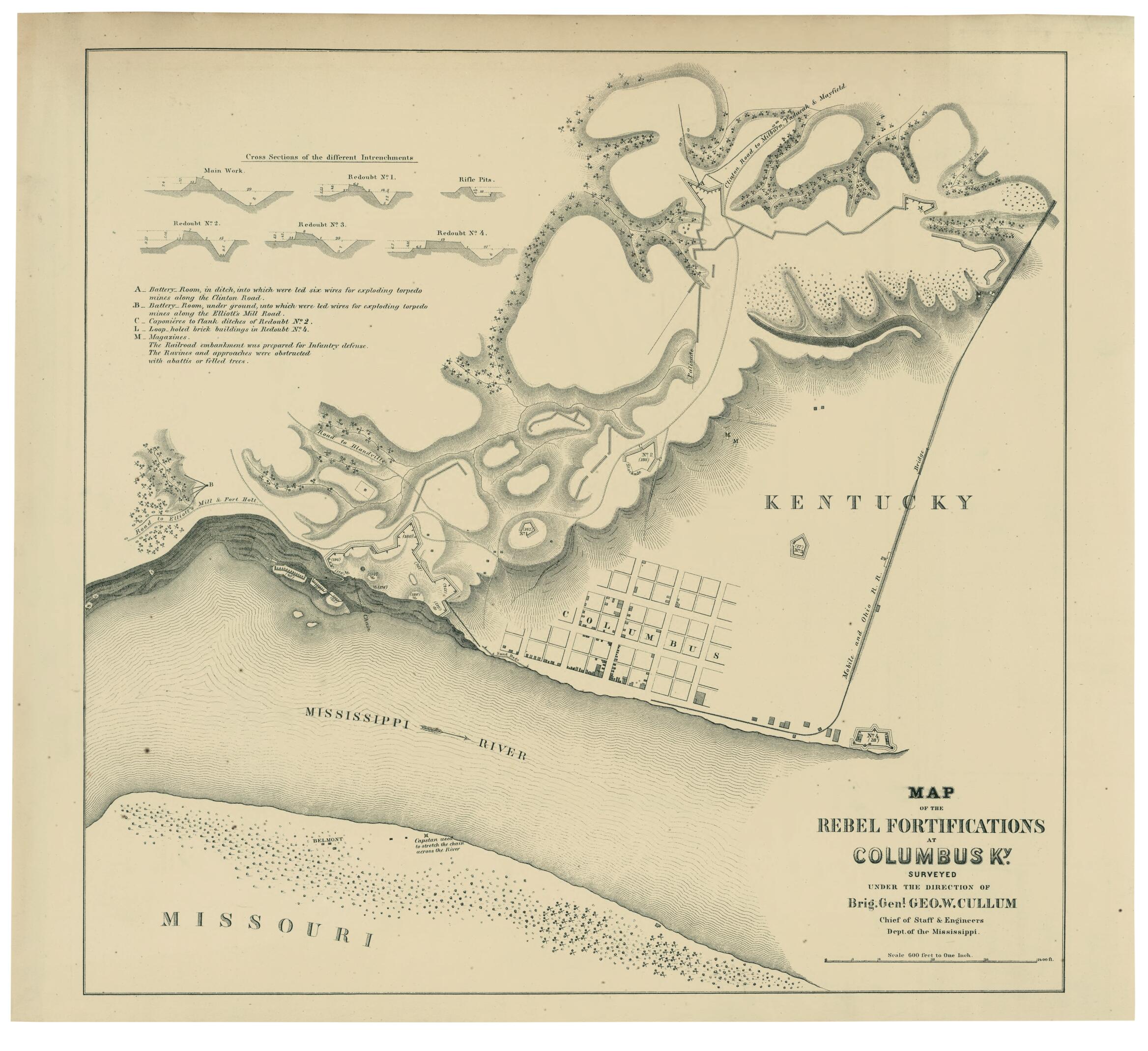 This old map of Map of the Rebel Fortifications at Columbus, Ky from 1862 was created by George W. (George Washington) Cullum, United States. Army. Dept. Of the Mississippi in 1862