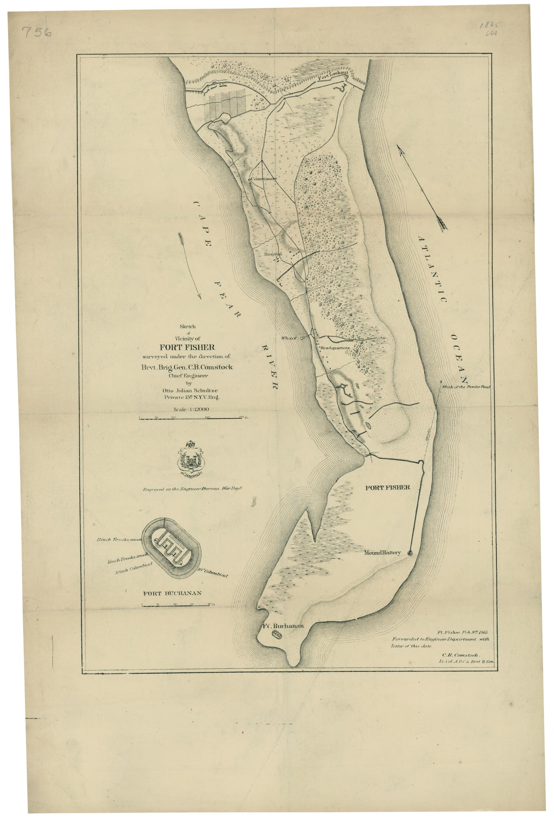 This old map of Sketch of Vicinity of Fort Fisher from 1865 was created by C. B. (Cyprus Ballou) Comstock, Otto Julian Schultze, United States. War Dept. Engineer Bureau in 1865