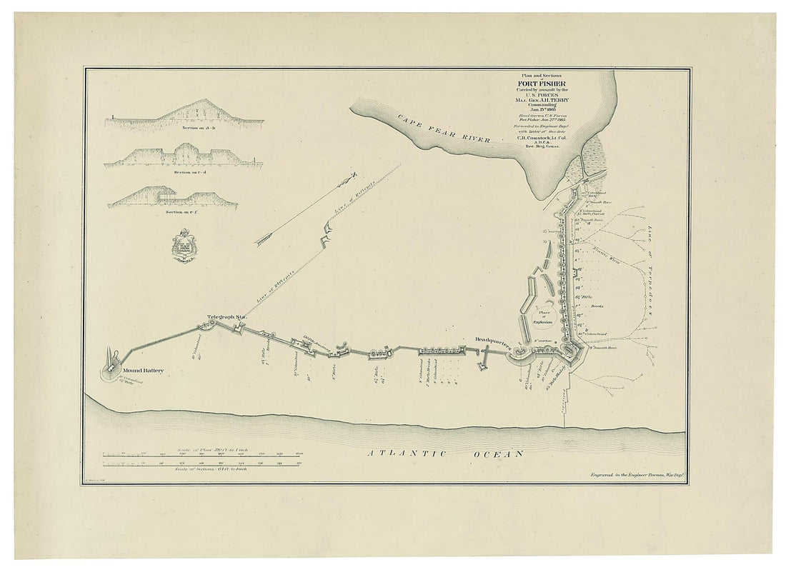 This old map of Plan and Sections of Fort Fisher, Carried by Assault by the U.S. Forces, Maj. Gen. A.H. Terry Commanding, Jan. 15th, from 1865 was created by C. B. (Cyrus Ballou) Comstock, E. Molitor, Alfred Howe Terry, United States. War Dept. Engineer