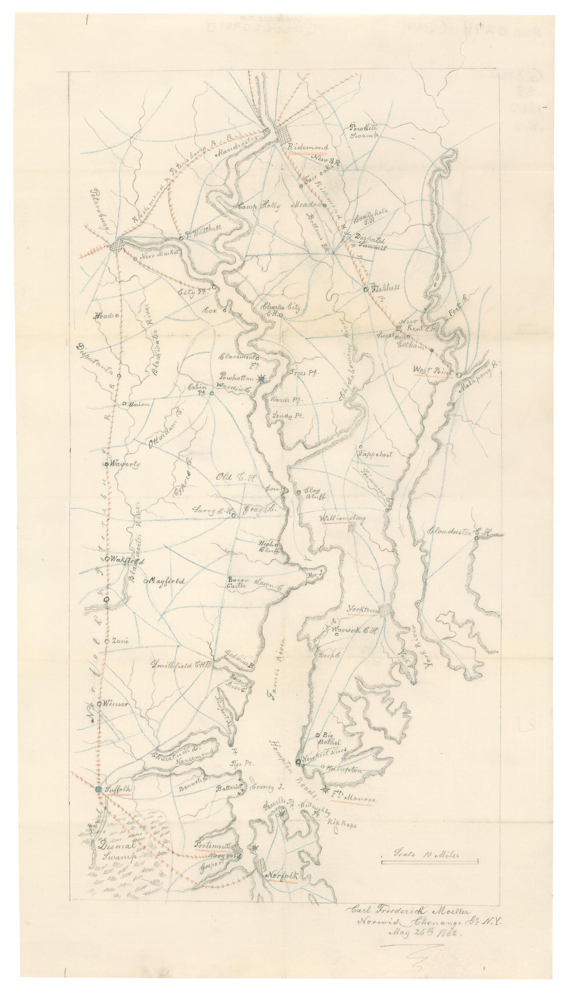 This old map of Map of Eastern Portion of Virginia : Fortress Monroe, Norfolk, Yorktown, Petersburg, Richmond &c. from 1862 was created by Carl Friederich Moeller in 1862