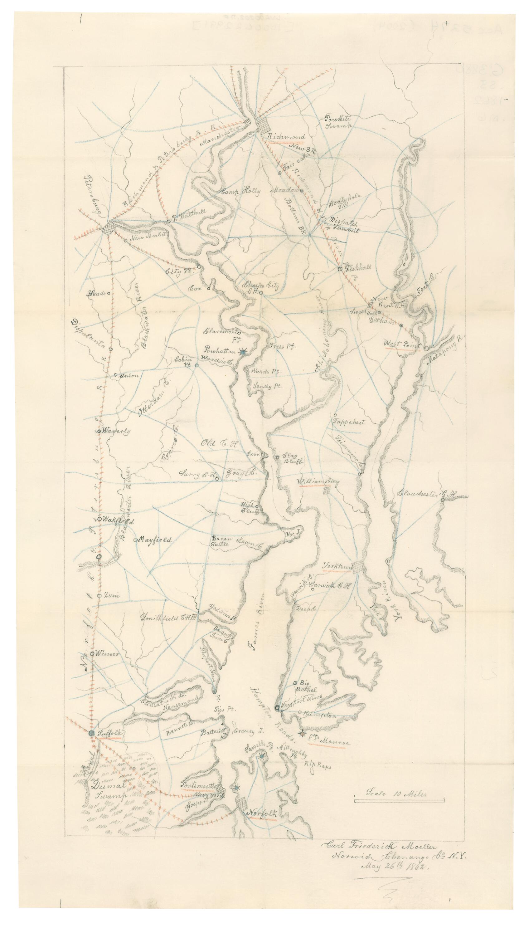 This old map of Map of Eastern Portion of Virginia : Fortress Monroe, Norfolk, Yorktown, Petersburg, Richmond &c. from 1862 was created by Carl Friederich Moeller in 1862