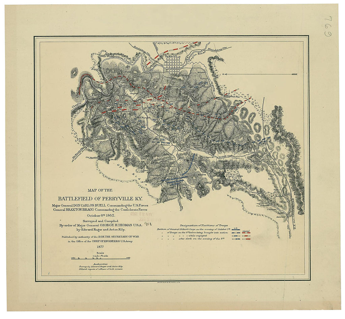 This old map of Map of the Battlefield of Perryville, Ky. : Major General Don Carlos Buell Commanding the U.S. Forces, General Braxton Bragg Commanding the Confederate Forces. October 8th 1862 from 1877 was created by Julius Bien & Co., Anton Kilp, Edwa