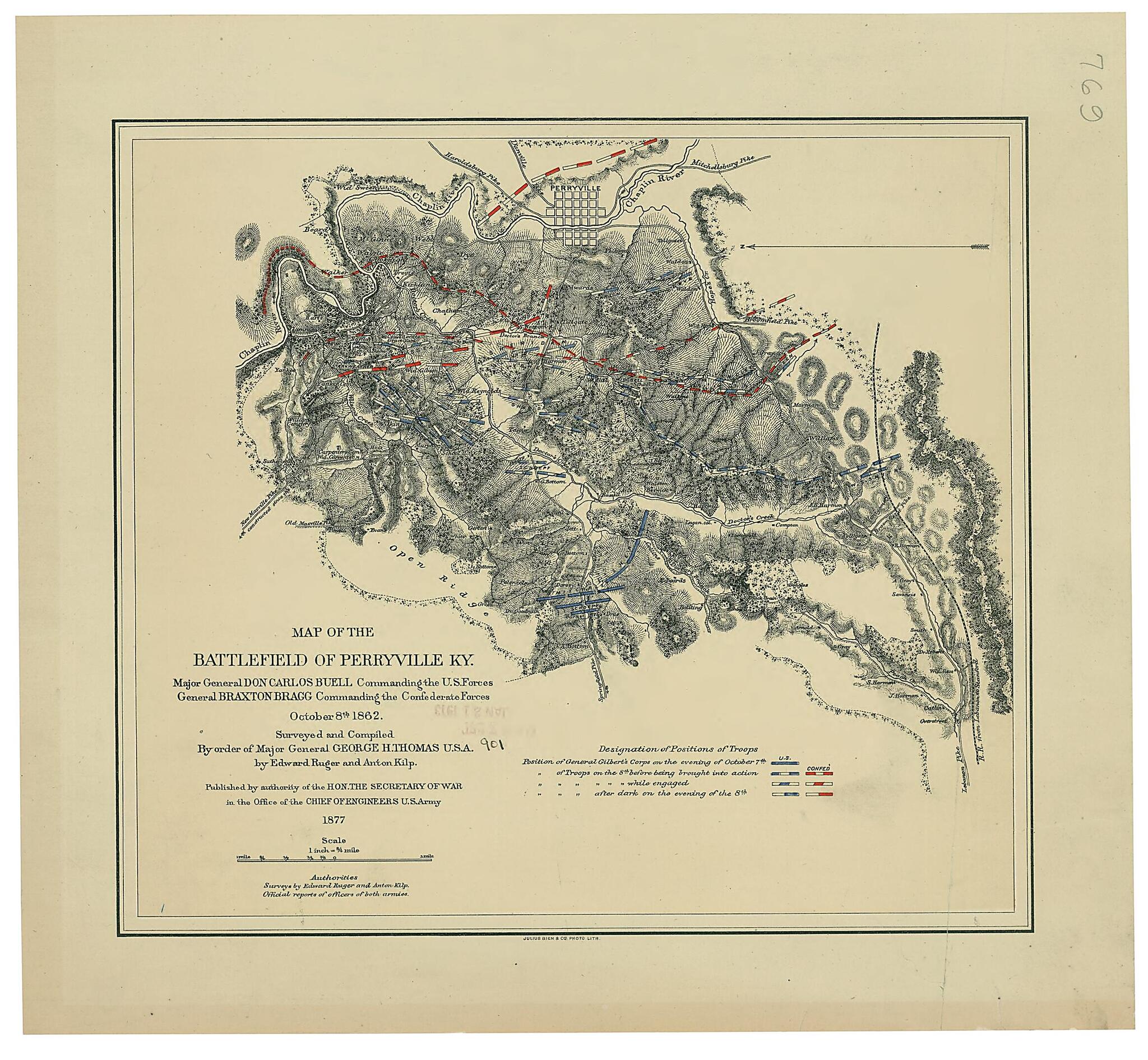 This old map of Map of the Battlefield of Perryville, Ky. : Major General Don Carlos Buell Commanding the U.S. Forces, General Braxton Bragg Commanding the Confederate Forces. October 8th 1862 from 1877 was created by Julius Bien & Co., Anton Kilp, Edwa