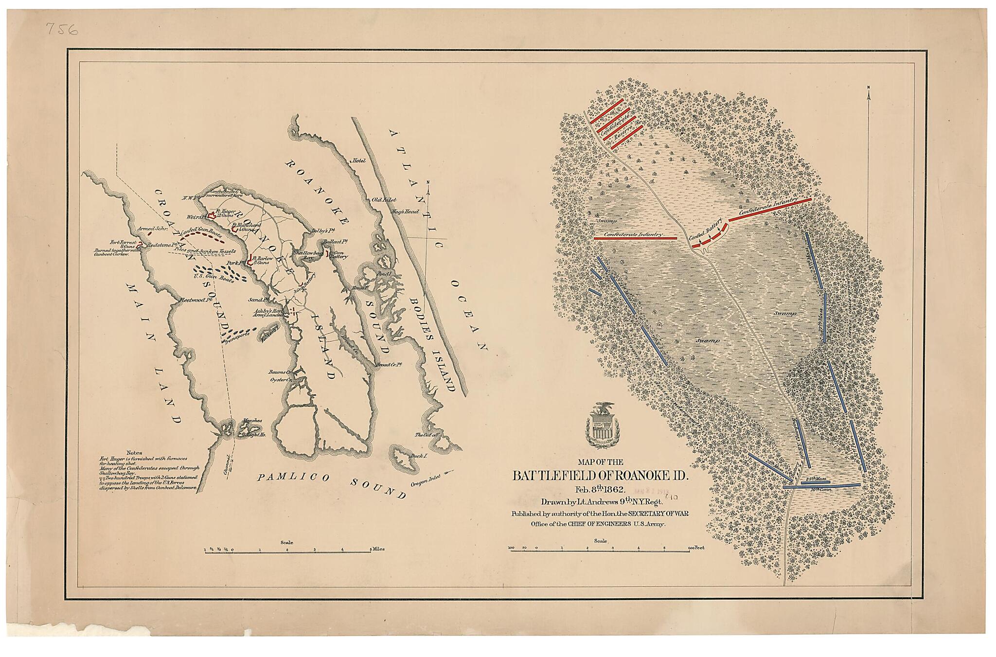 This old map of Map of the Battlefield of Roanoke Id. Feb. 8th from 1862 was created by William S. Andrews, United States. Army. Corps of Engineers in 1862