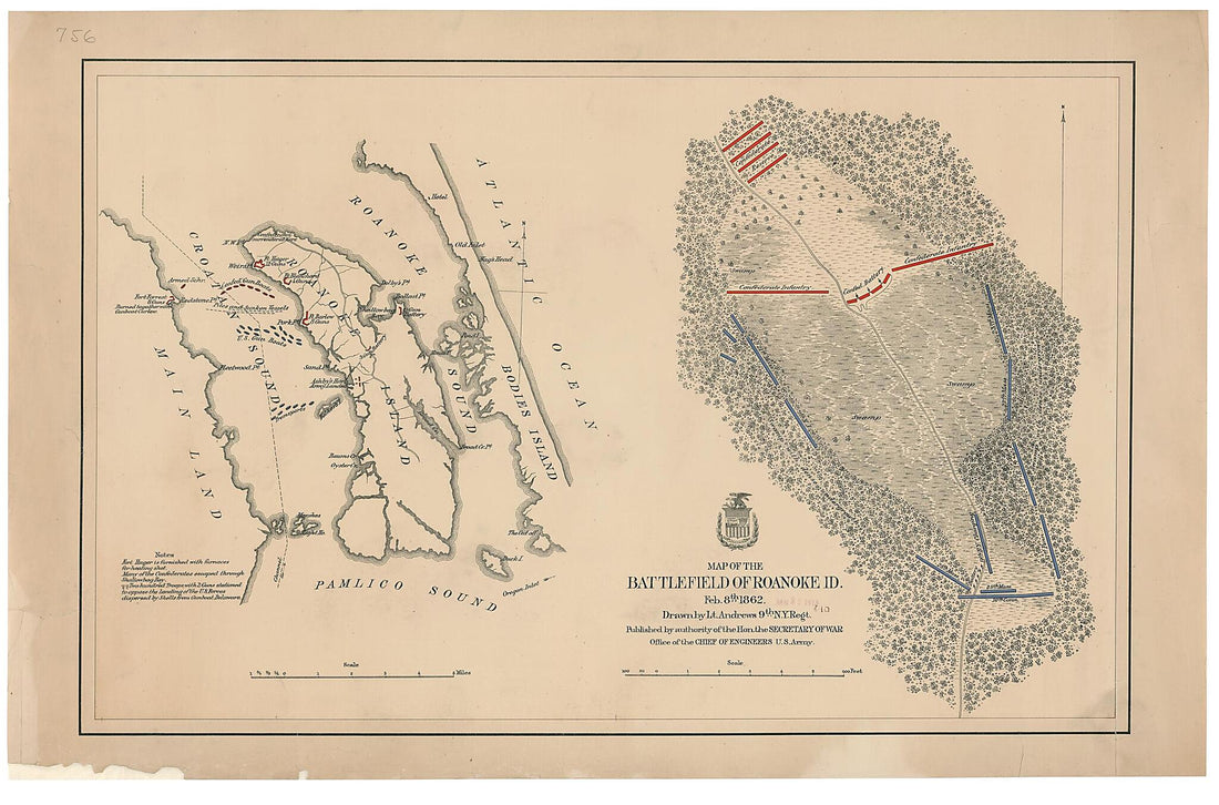 This old map of Map of the Battlefield of Roanoke Id. Feb. 8th from 1862 was created by William S. Andrews, United States. Army. Corps of Engineers in 1862
