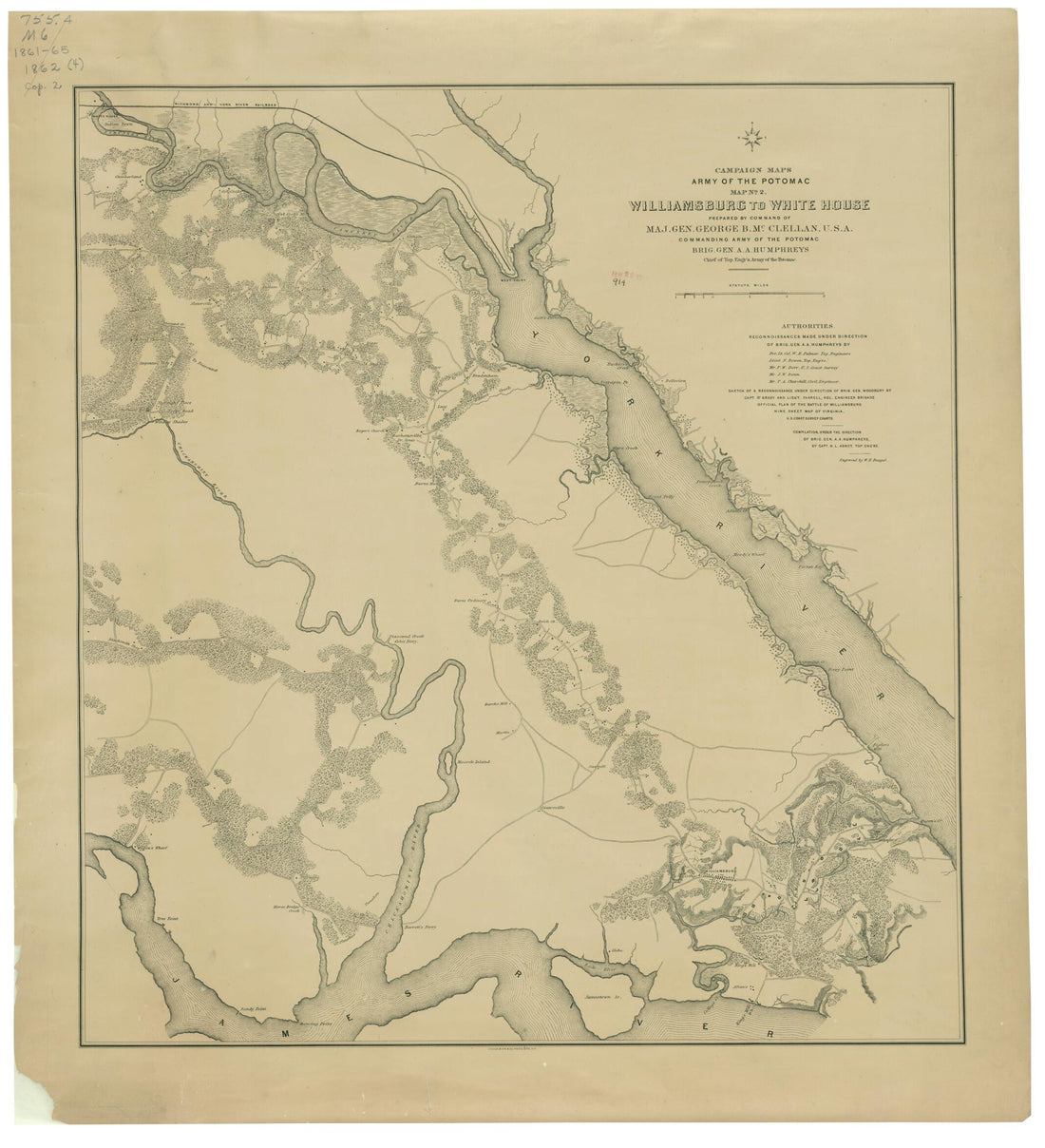 This old map of Williamsburg to White House (Campaign Maps, Army of the Potomac, Map No. 2) from 1862 was created by Henry L. Abbot, William H. Dougal, Julius Bien & Co., United States. Army of the Potomac. Engineer Dept in 1862