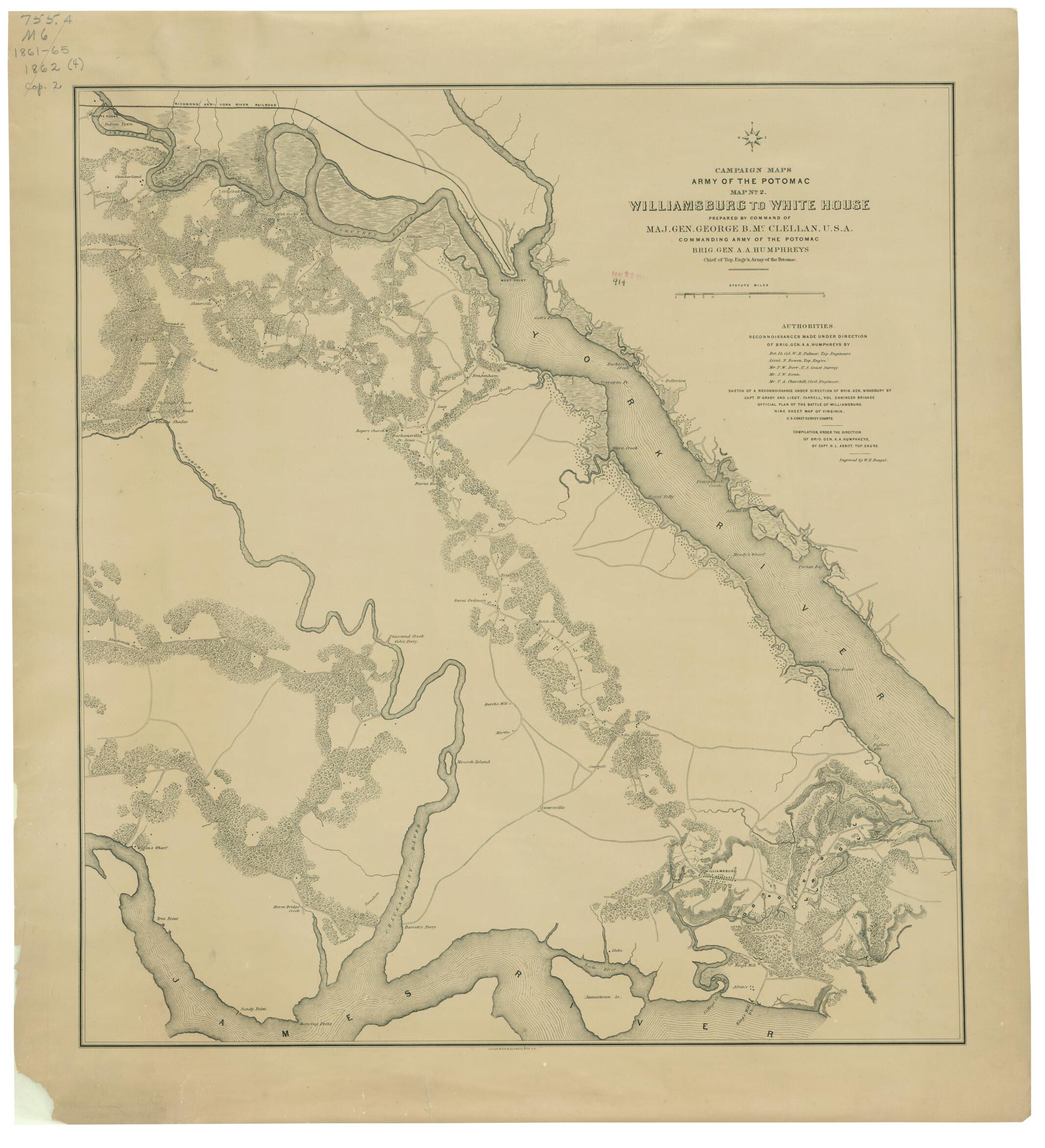 This old map of Williamsburg to White House (Campaign Maps, Army of the Potomac, Map No. 2) from 1862 was created by Henry L. Abbot, William H. Dougal, Julius Bien & Co., United States. Army of the Potomac. Engineer Dept in 1862