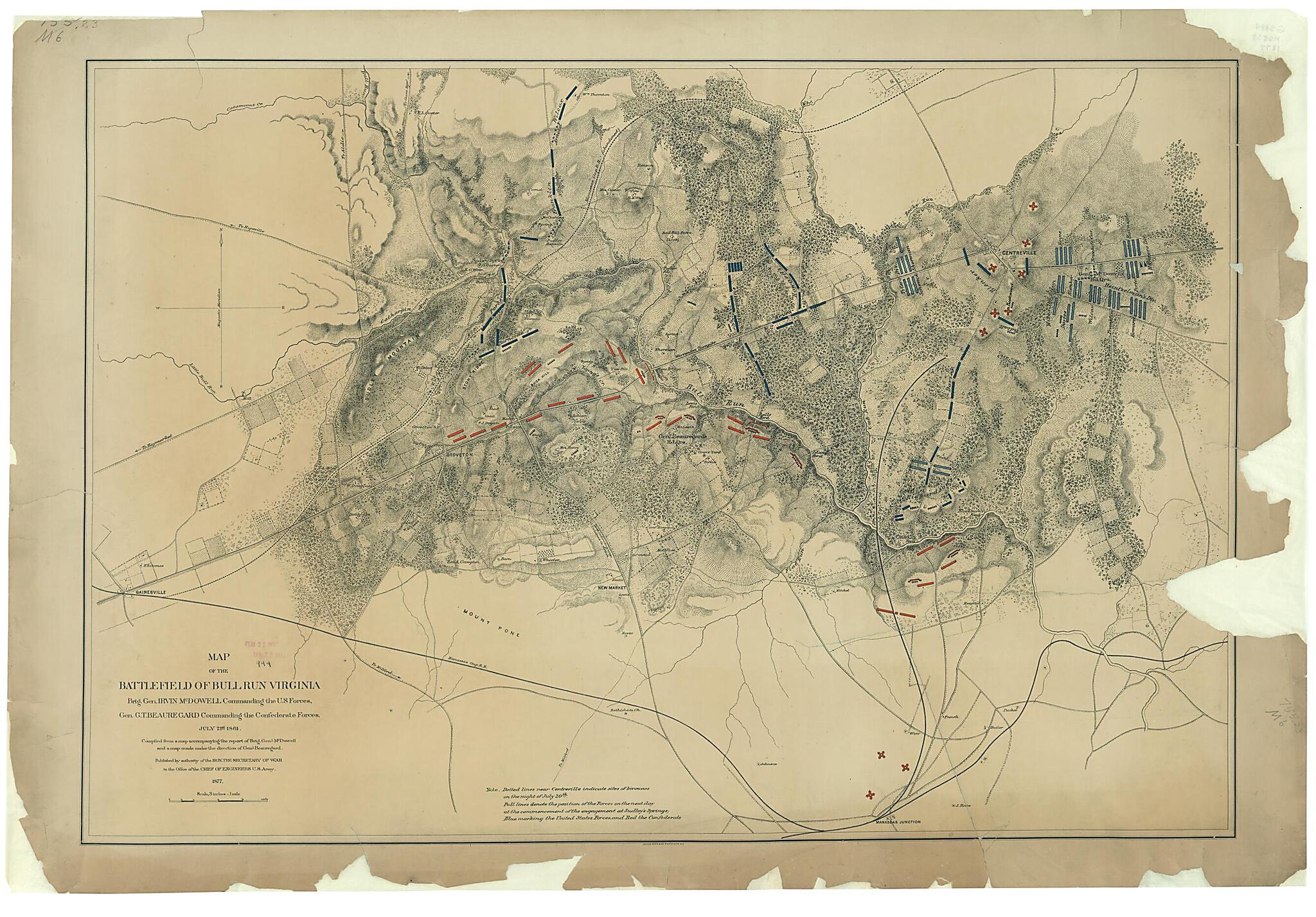 This old map of Map of the Battlefield of Bull Run, Virginia. Brig. Gen. Irvin McDowell Commanding the U.S. Forces, Gen. G. i.e. P. T. Beauregard Commanding the Confederate Forces, July 21st 1861 from 1877 was created by Julius Bien & Co., United State