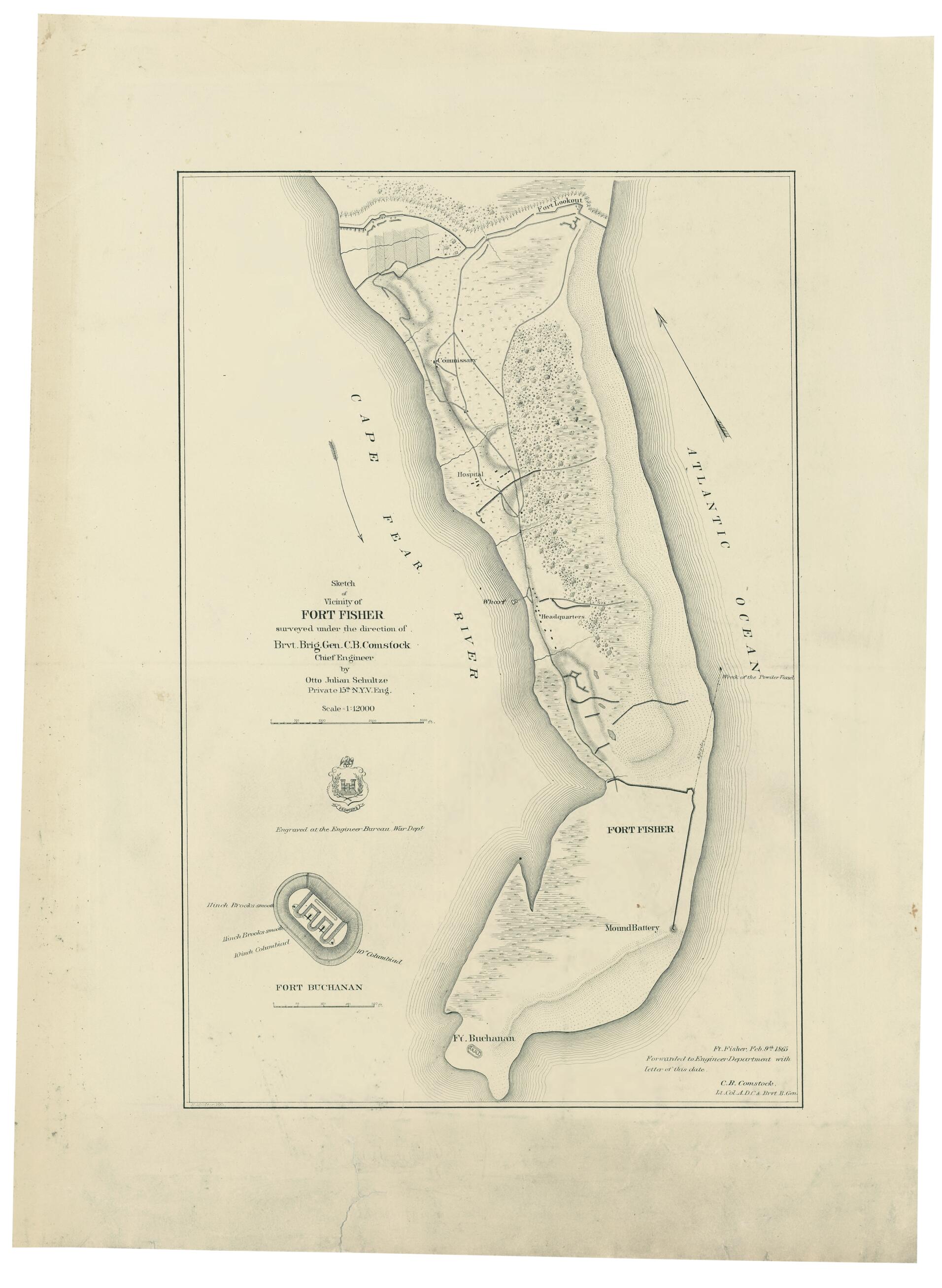 This old map of Sketch of Vicinity of Fort Fisher from 1865 was created by C. B. (Cyprus Ballou) Comstock, E. Molitor, Otto Julian Schultze, United States. War Dept. Engineer Bureau in 1865