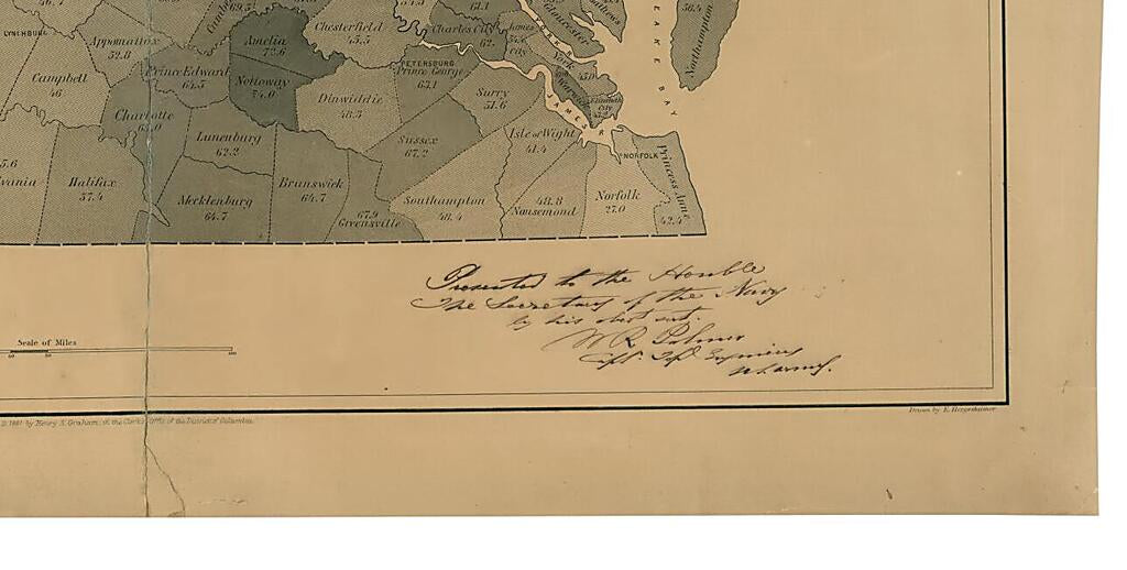 This old map of Map of Virginia : Showing the Distribution of Its Slave Population from the Census of 1860 from 1861 was created by C. B. (Curtis B.) Graham, Henry S. Graham, E. (Edwin) Hergesheimer in 1861