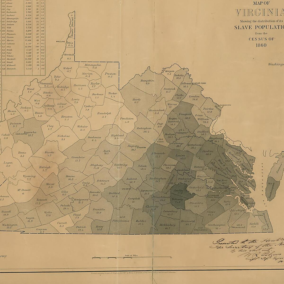 This old map of Map of Virginia : Showing the Distribution of Its Slave Population from the Census of 1860 from 1861 was created by C. B. (Curtis B.) Graham, Henry S. Graham, E. (Edwin) Hergesheimer in 1861