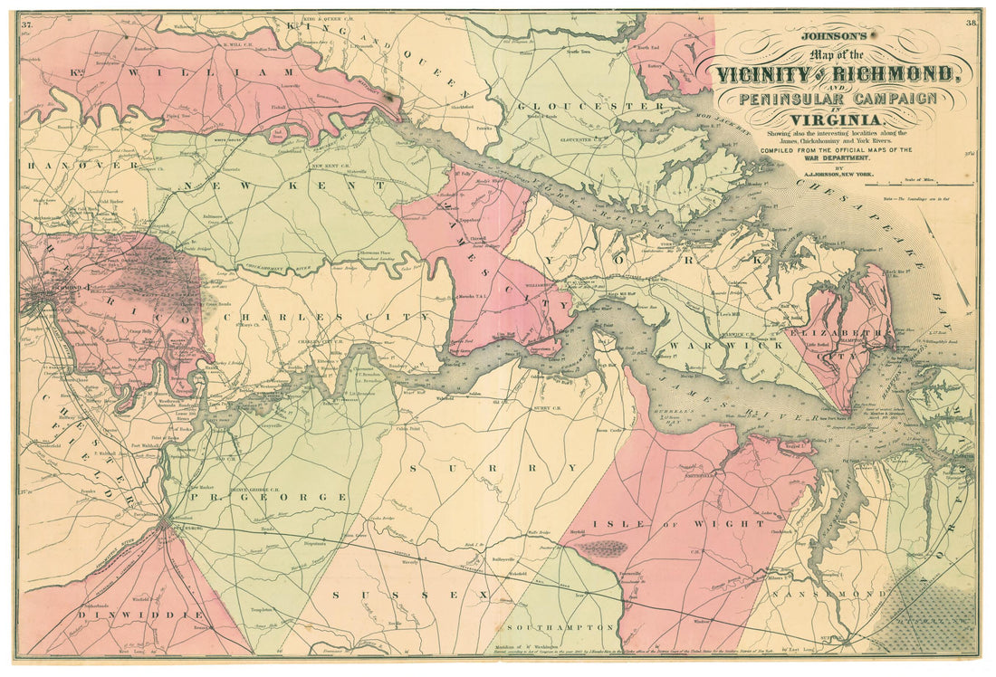 This old map of Map Showing the Location of Battle Fields of Virginia (Battle Fields of Virginia, Battlefield of Virginia) from 1898 was created by Chesapeake and Ohio Railway Company, Poole Brothers in 1898