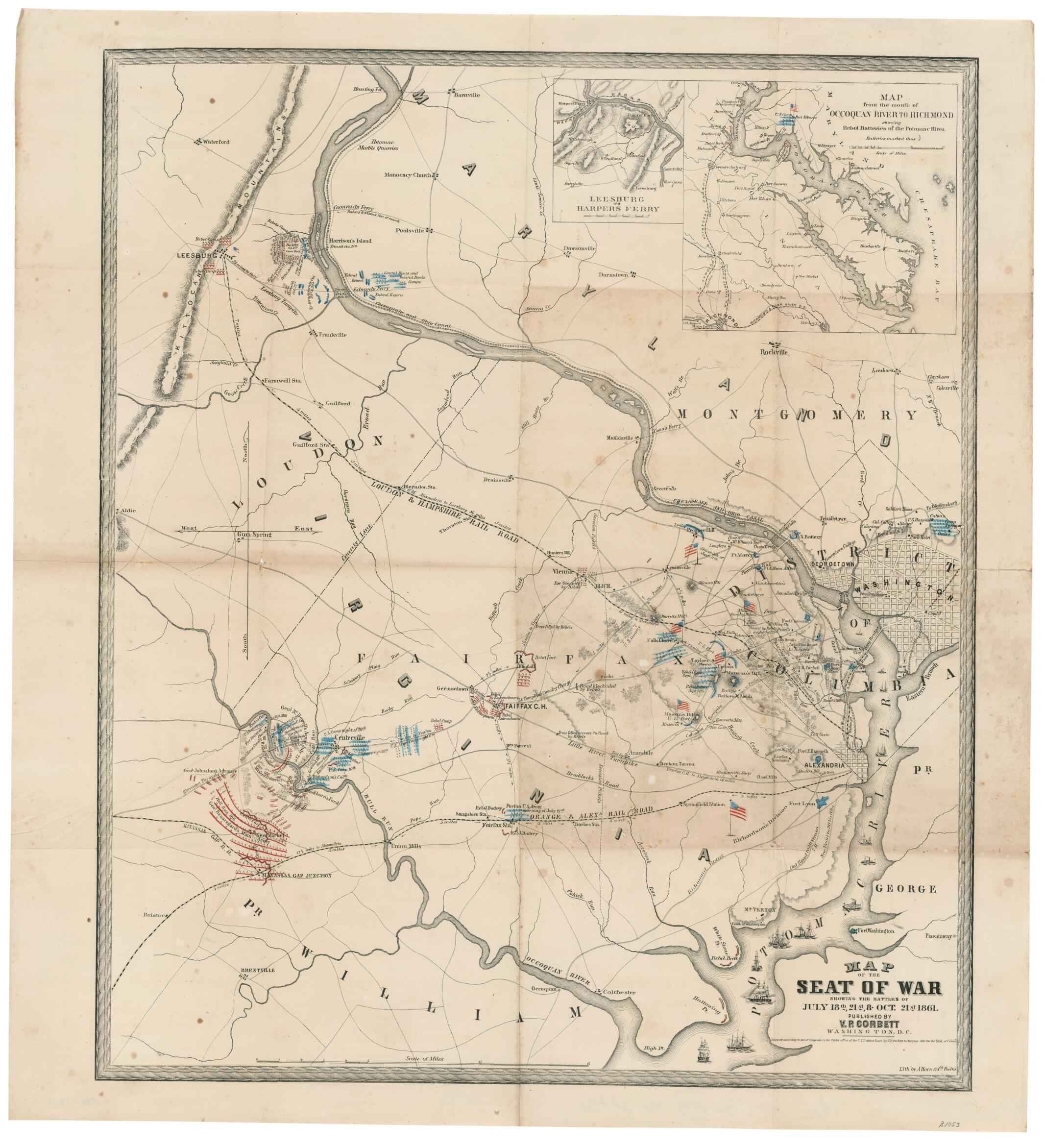 This old map of Map of the Seat of War Showing the Battles of July 18th, 21st & Oct. 21st from 1861 was created by A. Hoen & Co., V. P. Corbett in 1861