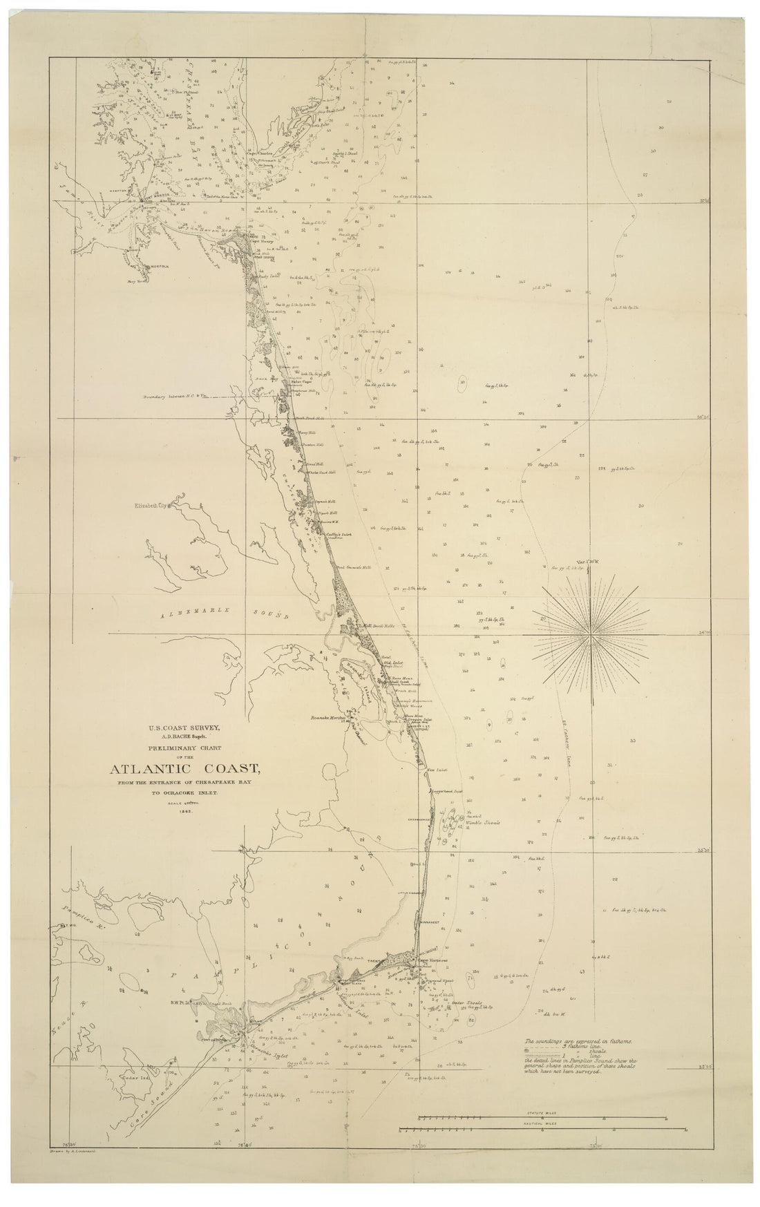 This old map of Preliminary Chart of the Atlantic Coast : from the Entrance of Chesapeake Bay to Ocracoke Inlet (U.S. Coast Survey, A.D. Bache Supdt.) from 1862 was created by A. Lindenkohl, United States Coast Survey in 1862
