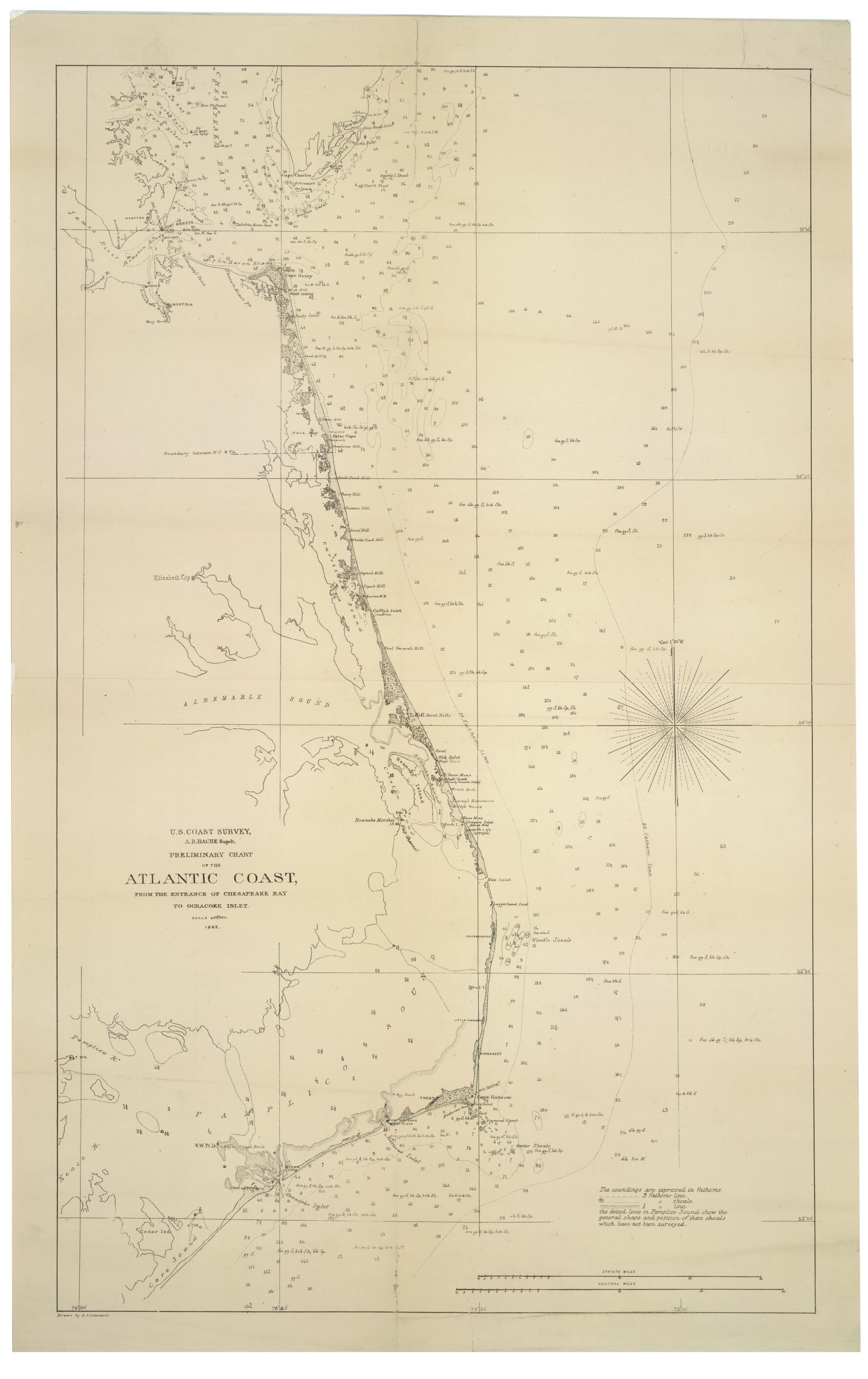 This old map of Preliminary Chart of the Atlantic Coast : from the Entrance of Chesapeake Bay to Ocracoke Inlet (U.S. Coast Survey, A.D. Bache Supdt.) from 1862 was created by A. Lindenkohl, United States Coast Survey in 1862