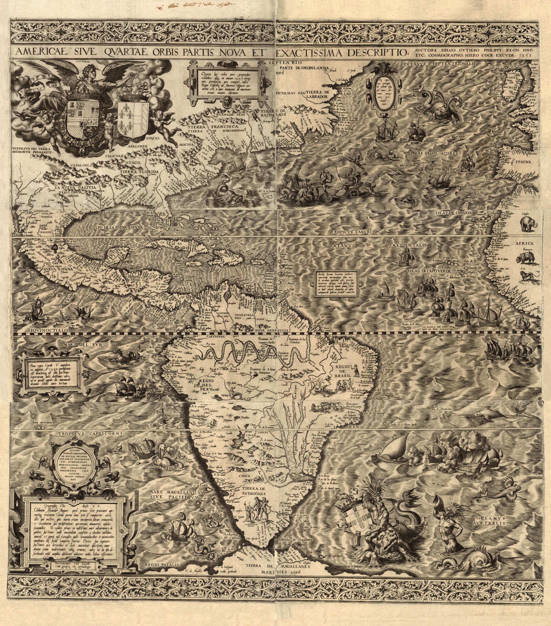 This old map of Americae Sive Qvartae Orbis Partis Nova Et Exactissima Descriptio (Americae Sive Quartae Orbis Partis Nova Et Exactissima Descriptio) from 1562 was created by Hieronymus Cock, Diego GutiƩrrez, Lessing J. Rosenwald Collection (Library of