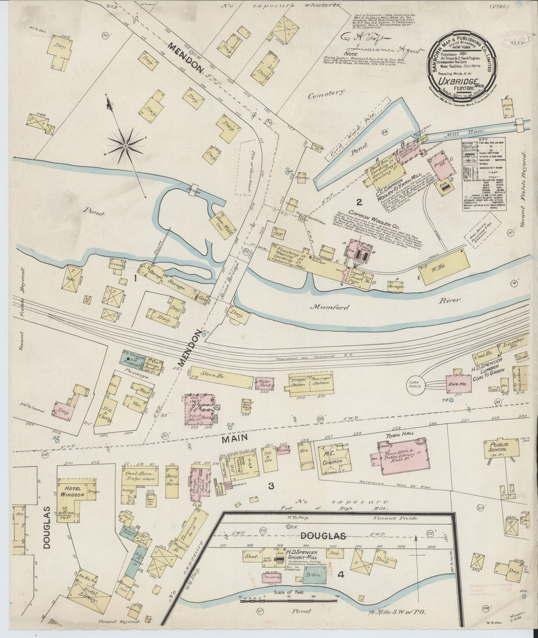 This old map of Sanborn Fire Insurance Map from Uxbridge, Worcester County, Massachusetts from 1888 was created by in 1888