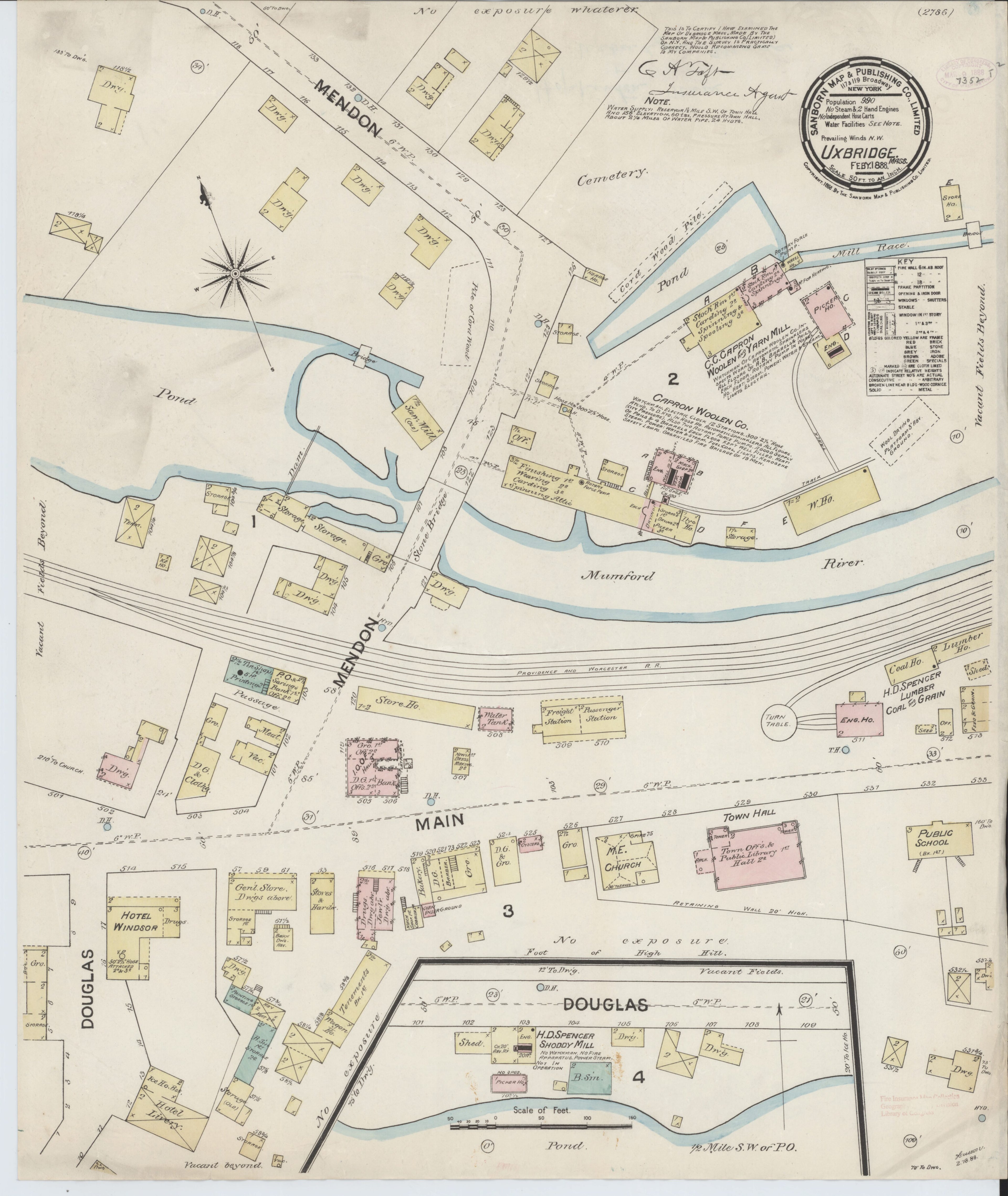 This old map of Sanborn Fire Insurance Map from Uxbridge, Worcester County, Massachusetts from 1888 was created by in 1888